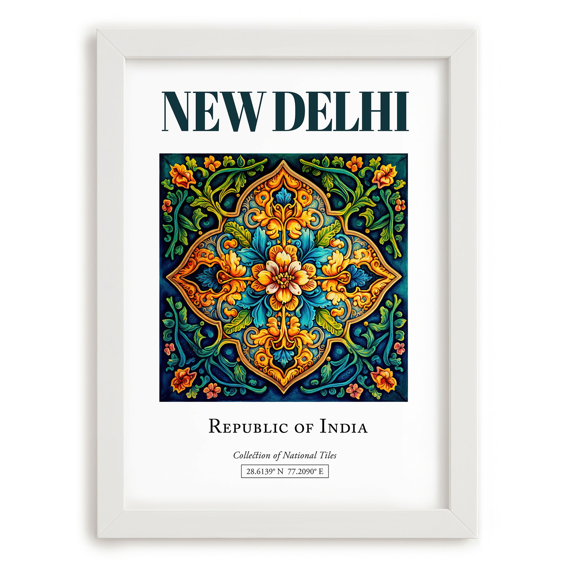 New Delhi, India – Travel Poster, placed in minimal white frame