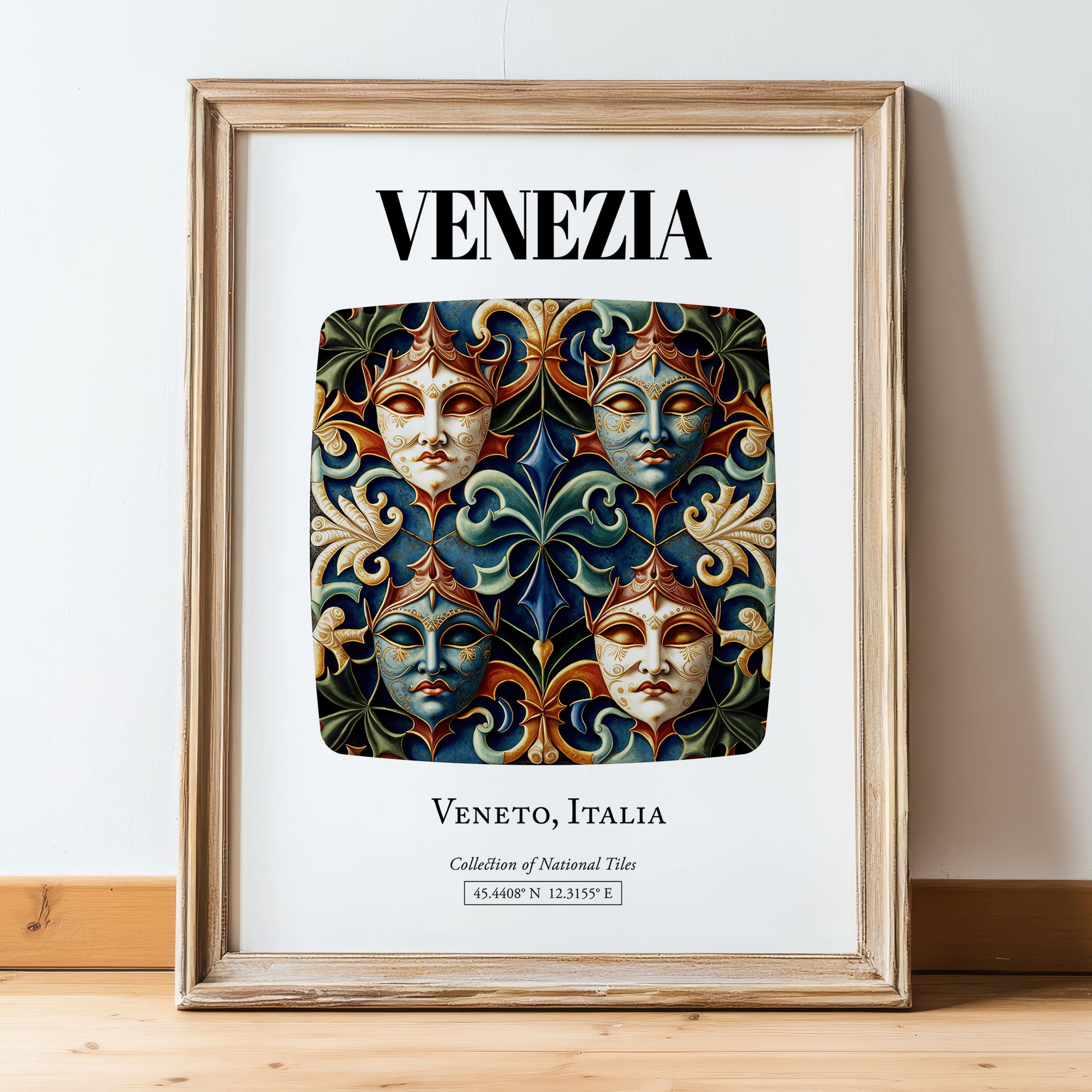 Venezia, Italy – Illustrated Travel Poster, in wooden frame leaning on the floor