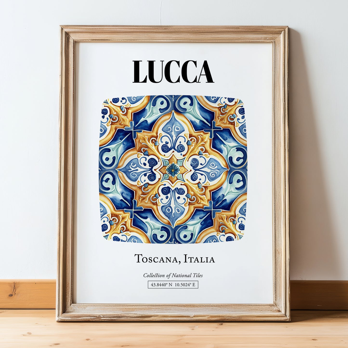 Lucca, Italy – Travel Poster, in wooden frame leaning on the floor