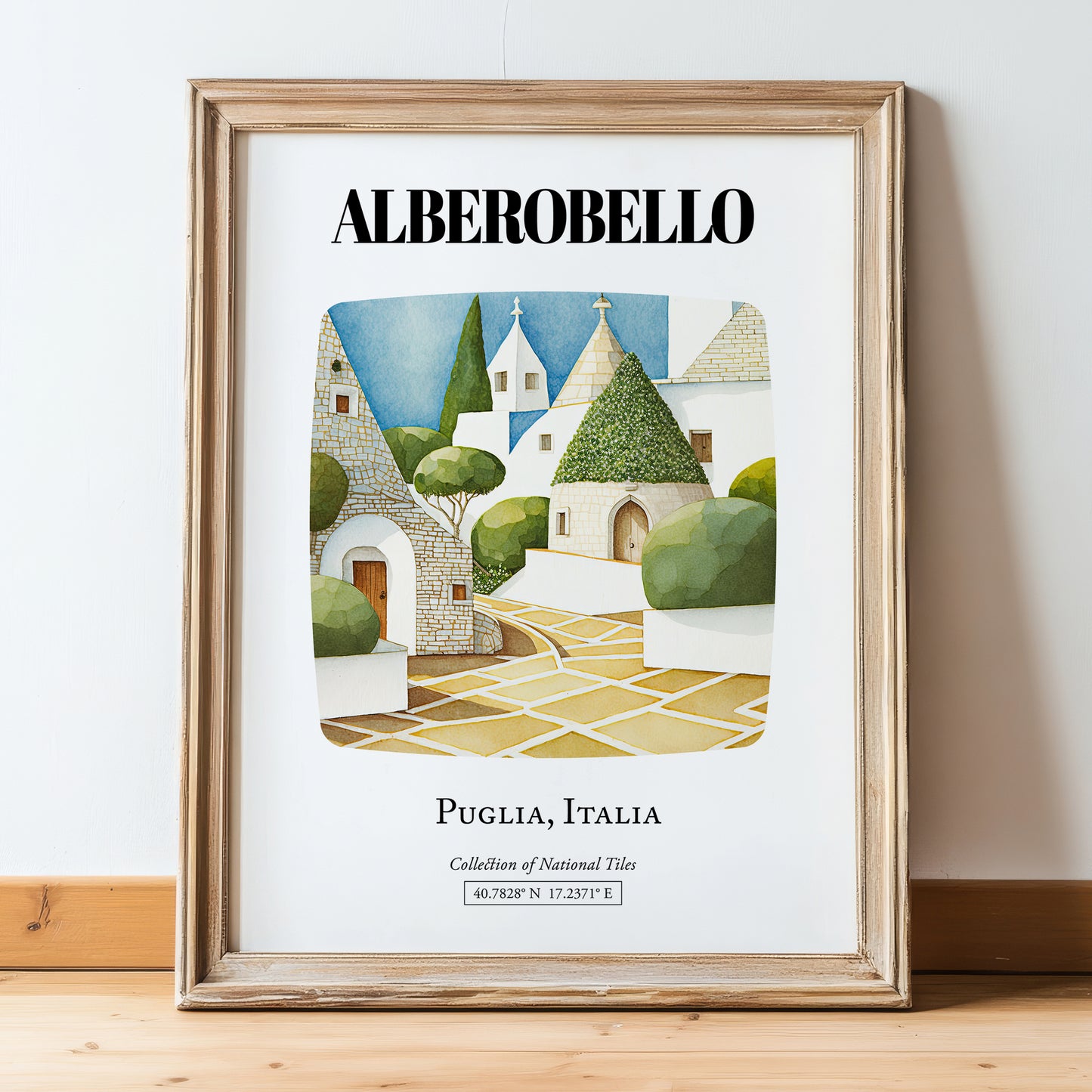 Alberobello, Italy – Cityscape Wall Art, in wooden frame leaning on the floor