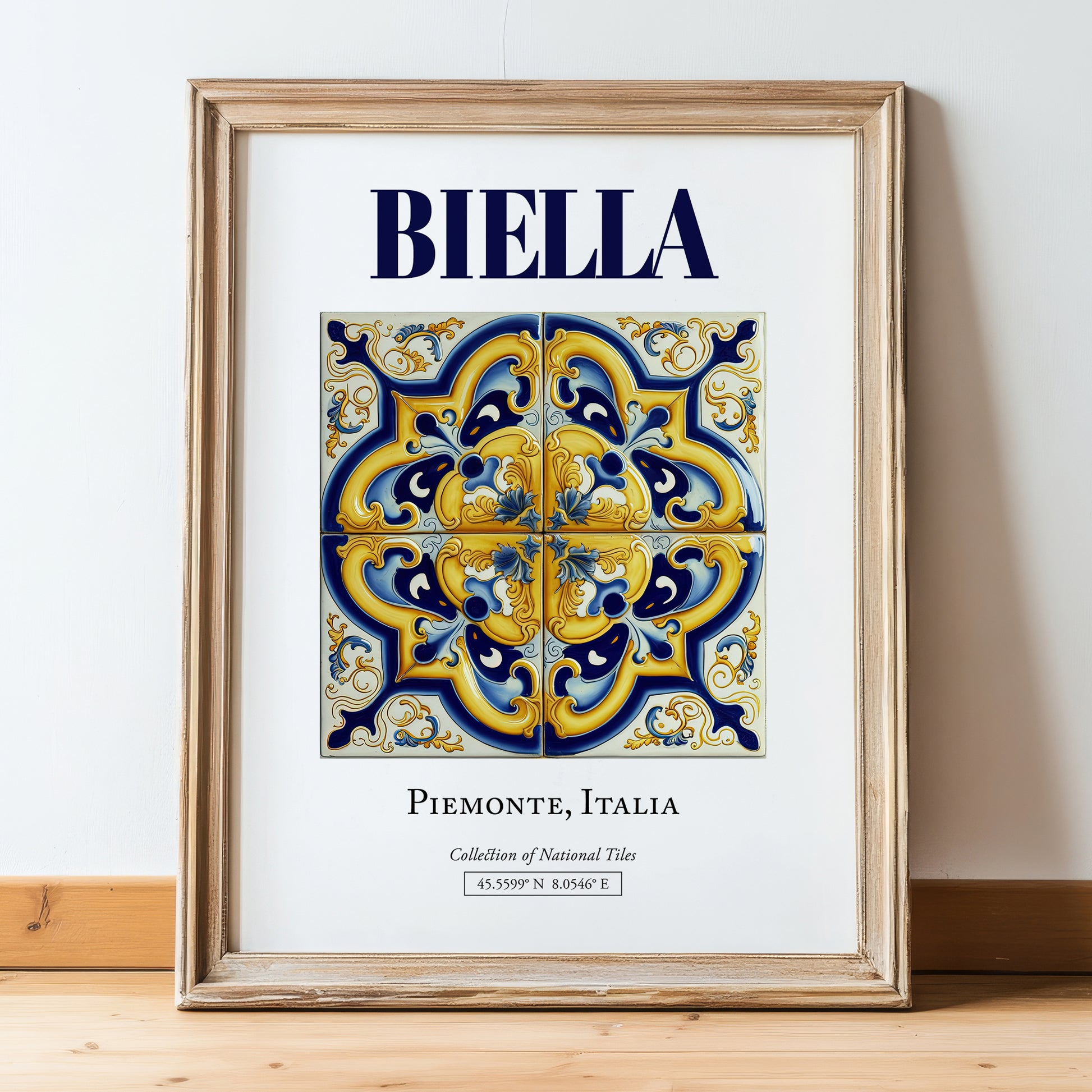 Biella, Italy – Travel Poster, in wooden frame leaning on the floor