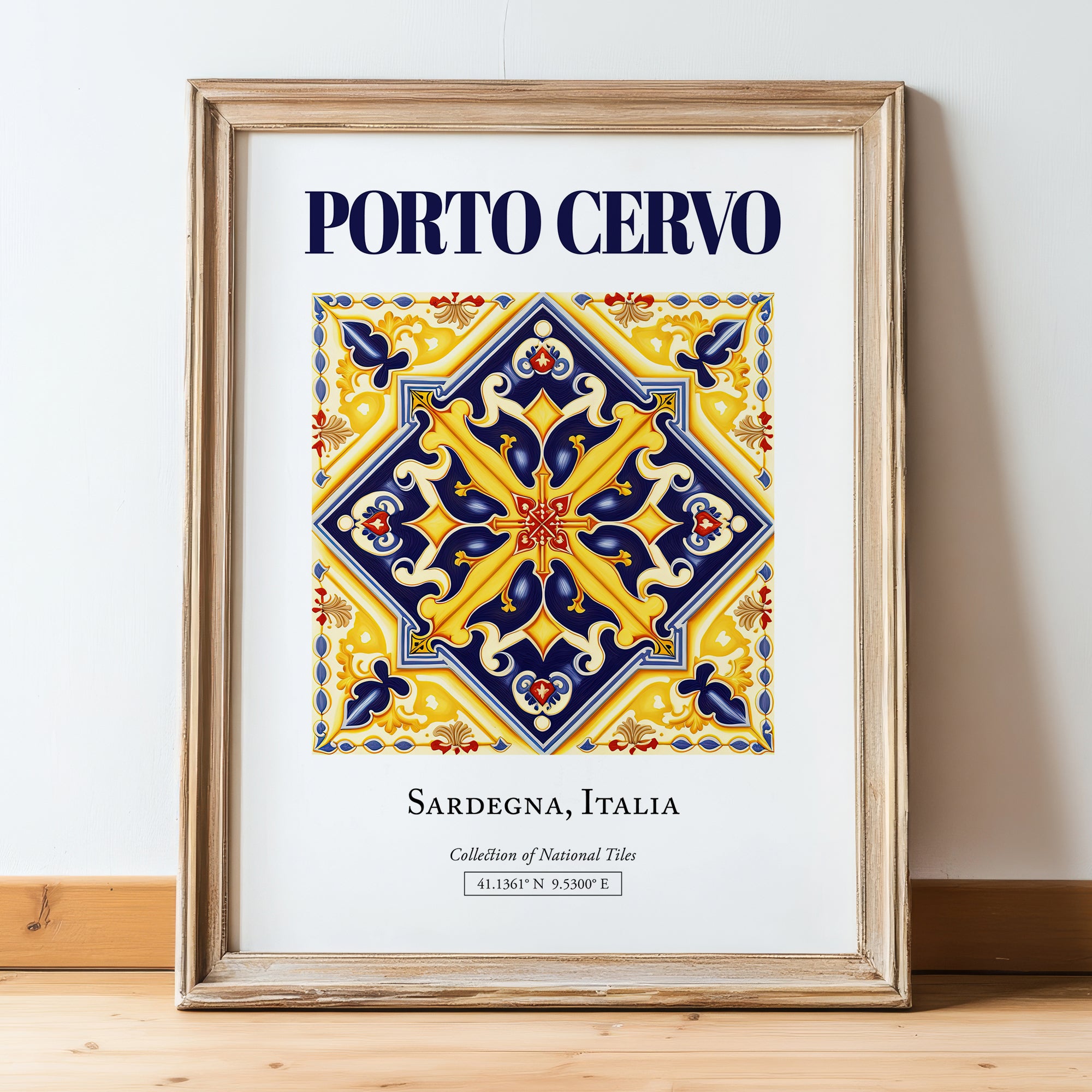 Porto Cervo, Italy – Travel Print, in wooden frame leaning on the floor