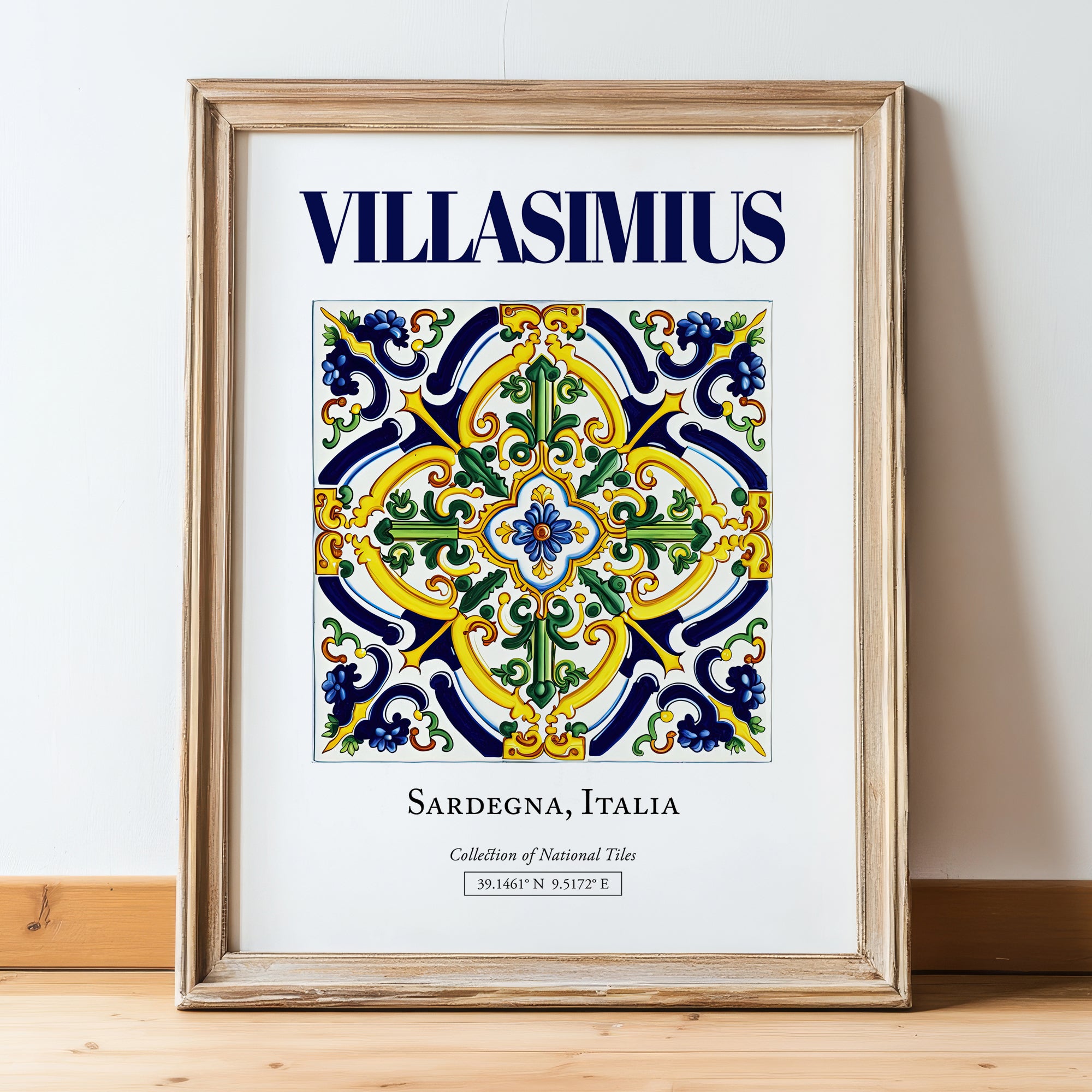Villasimius, Italy – World Travel Art, in wooden frame leaning on the floor