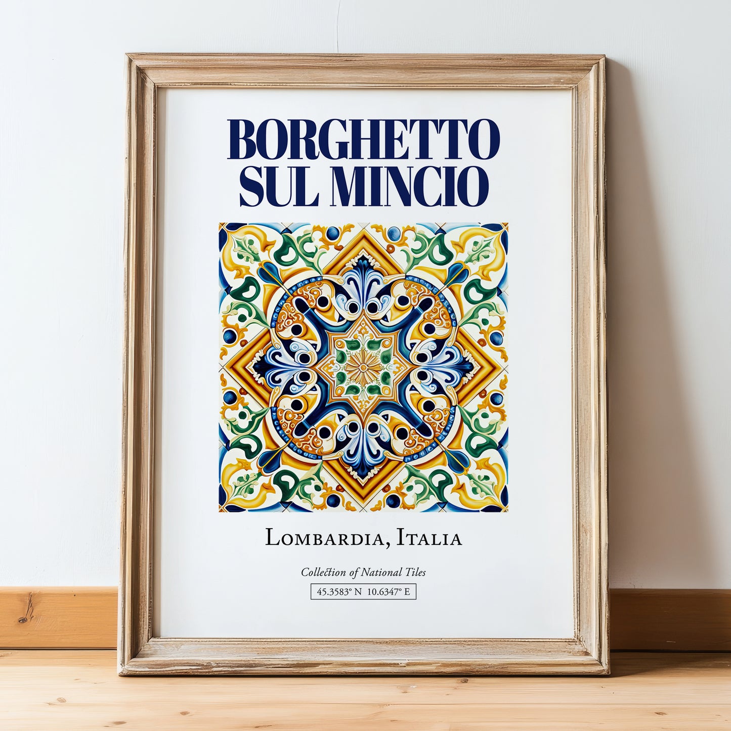 Borghetto sul Mincio, Italy – Travel Print, in wooden frame leaning on the floor