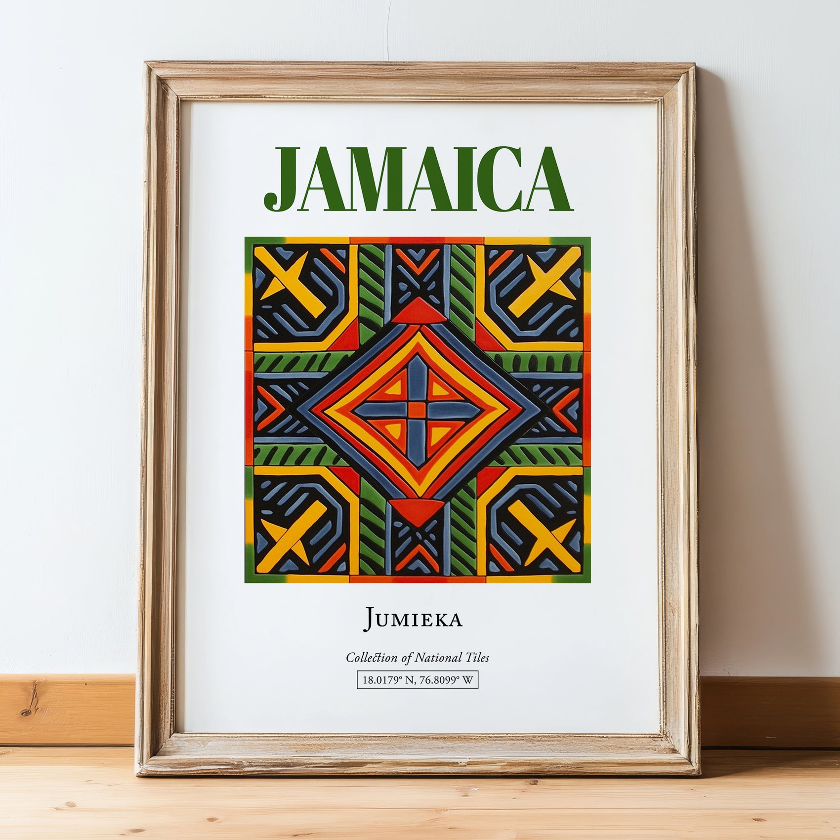 Jamaica, Jamaica – Travel Poster, in wooden frame leaning on the floor