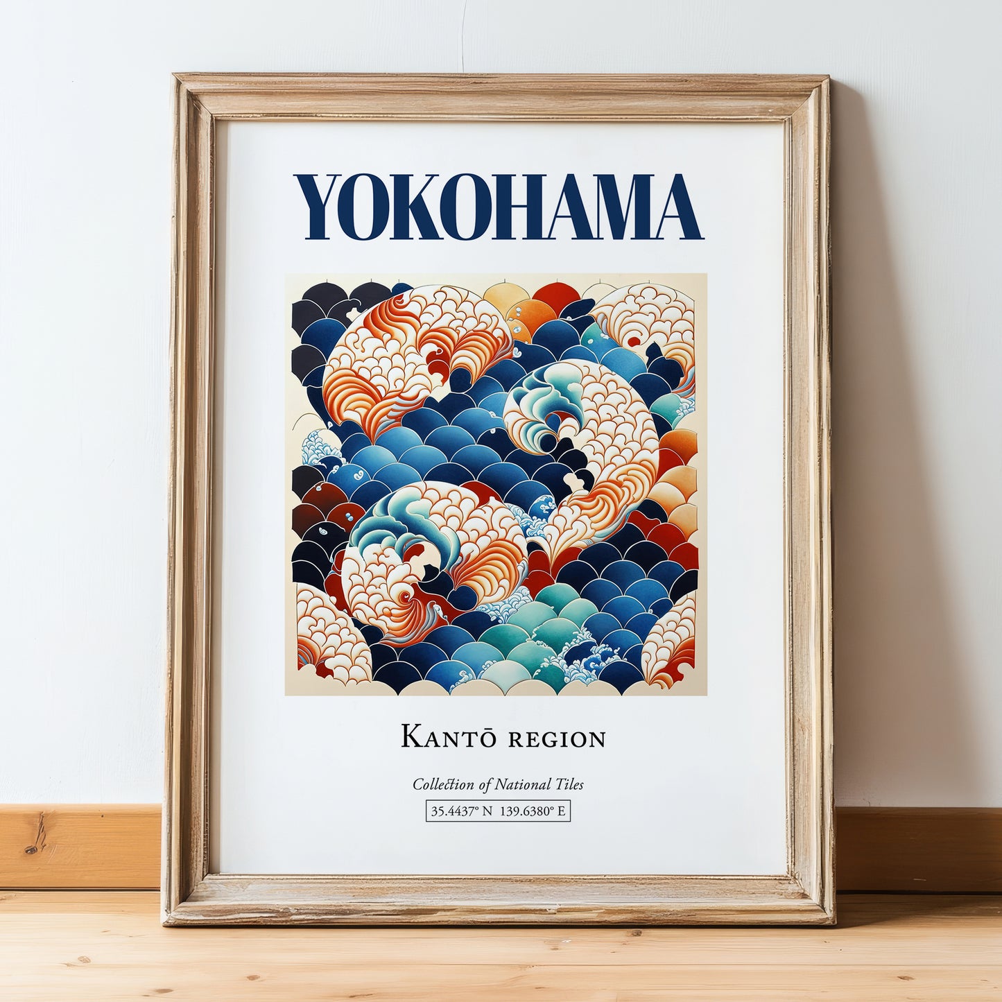 Yokohama, Japan – Travel Destination Art, in wooden frame leaning on the floor
