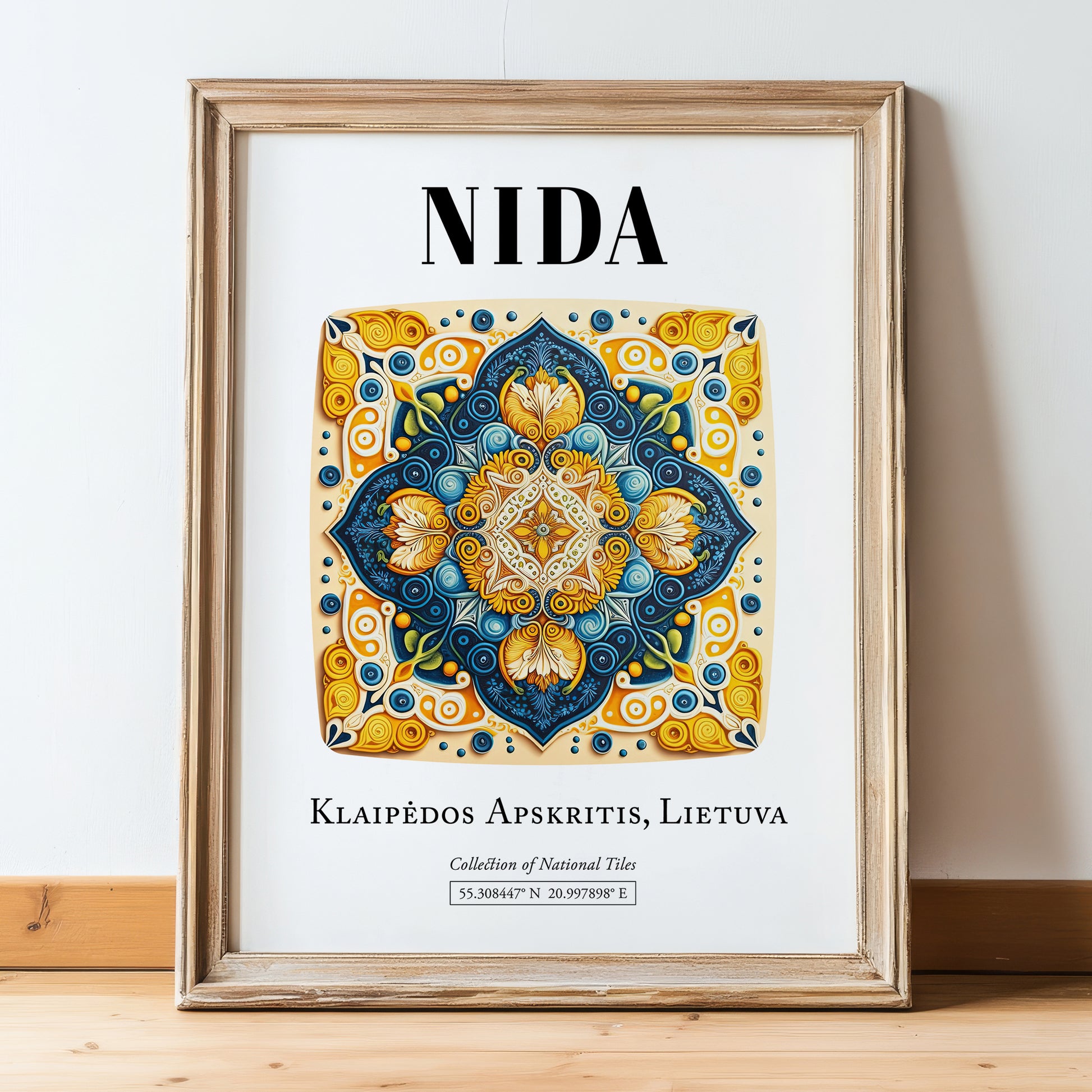 Nida, Lithuania – Wanderlust-Inspired Poster, in wooden frame leaning on the floor