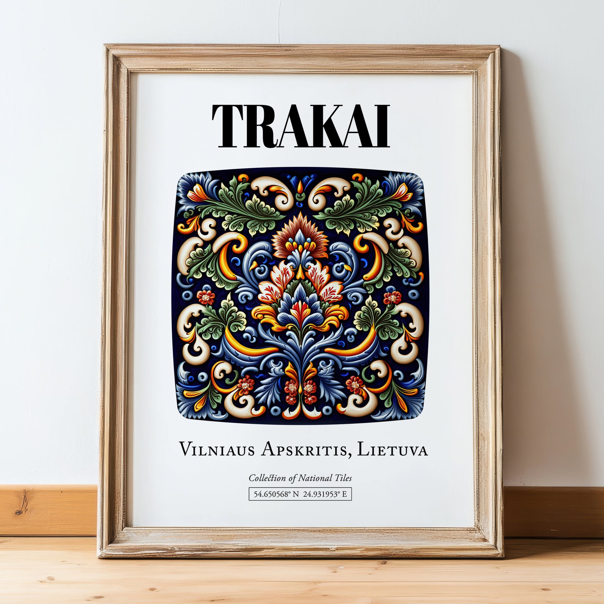 Trakai, Lithuania – Travel Poster, in wooden frame leaning on the floor