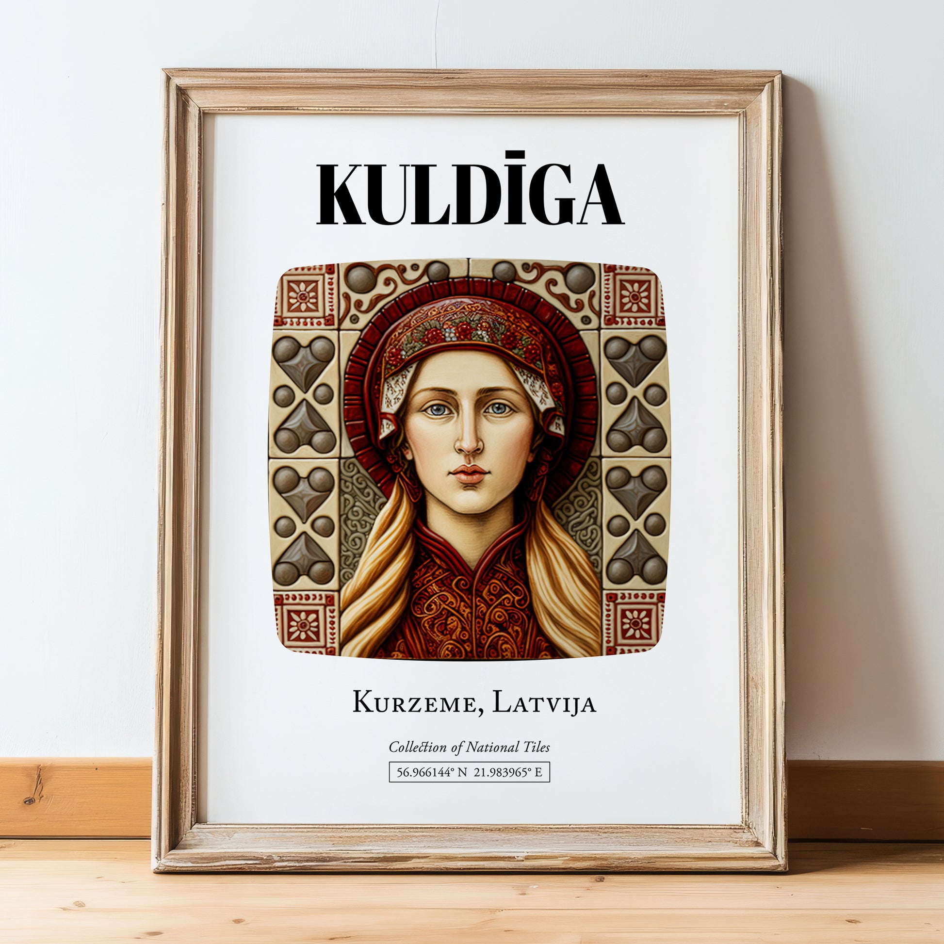 Kuldīga, Latvia – Travel Poster, in wooden frame leaning on the floor