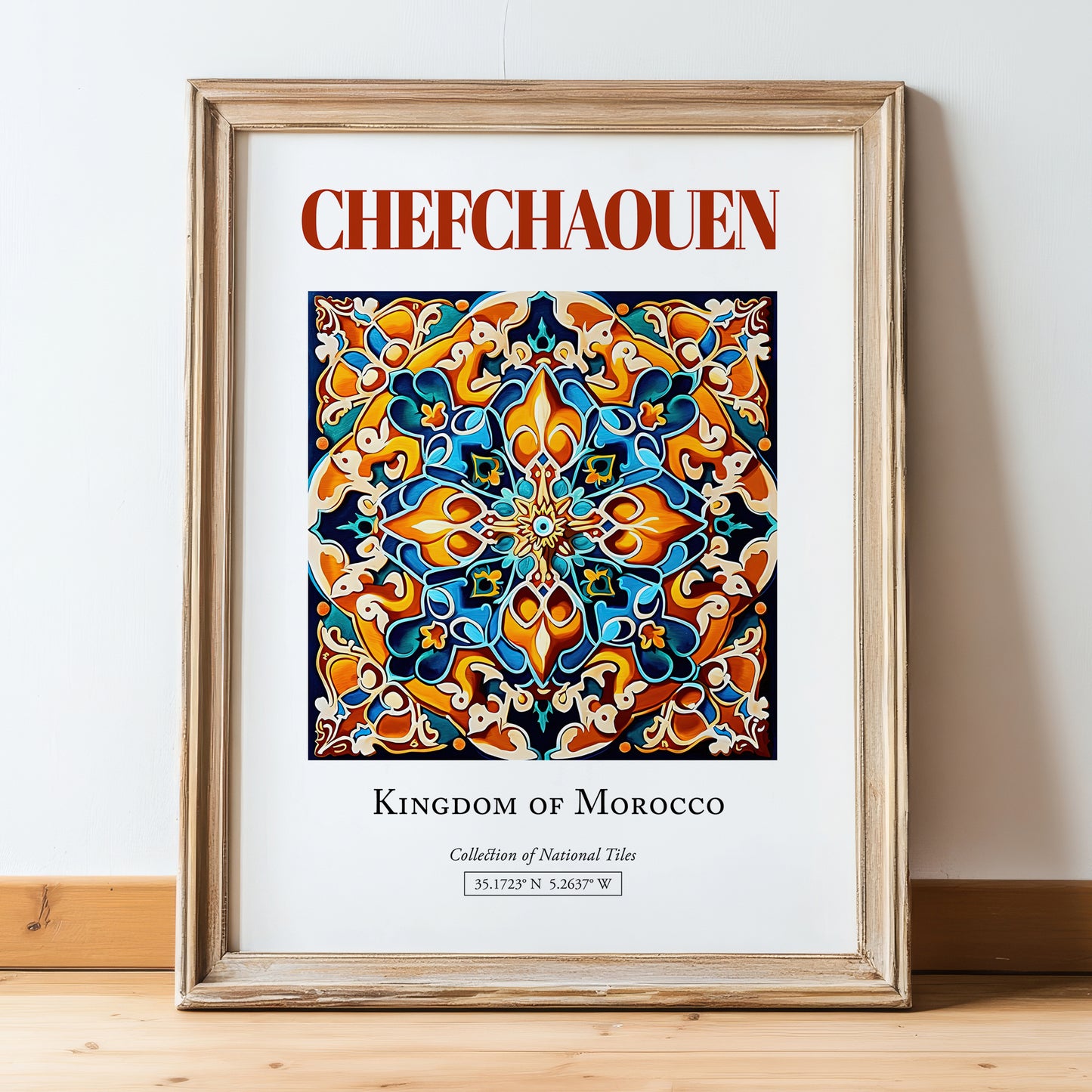Chefchaouen, Morocco – Cityscape Wall Art, in wooden frame leaning on the floor