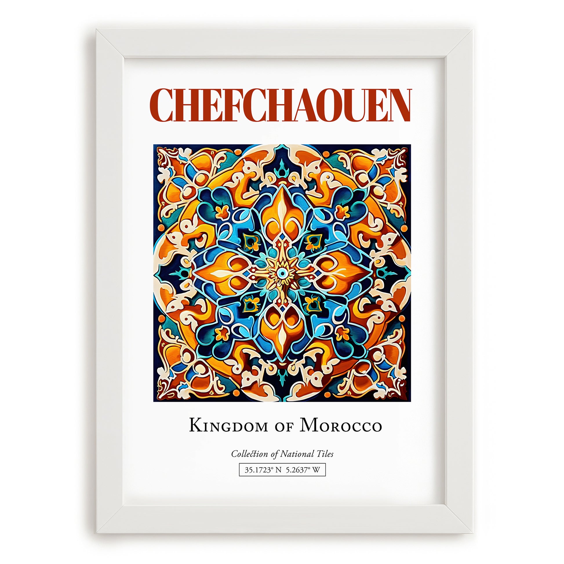 Chefchaouen, Morocco – Cityscape Wall Art, placed in minimal white frame