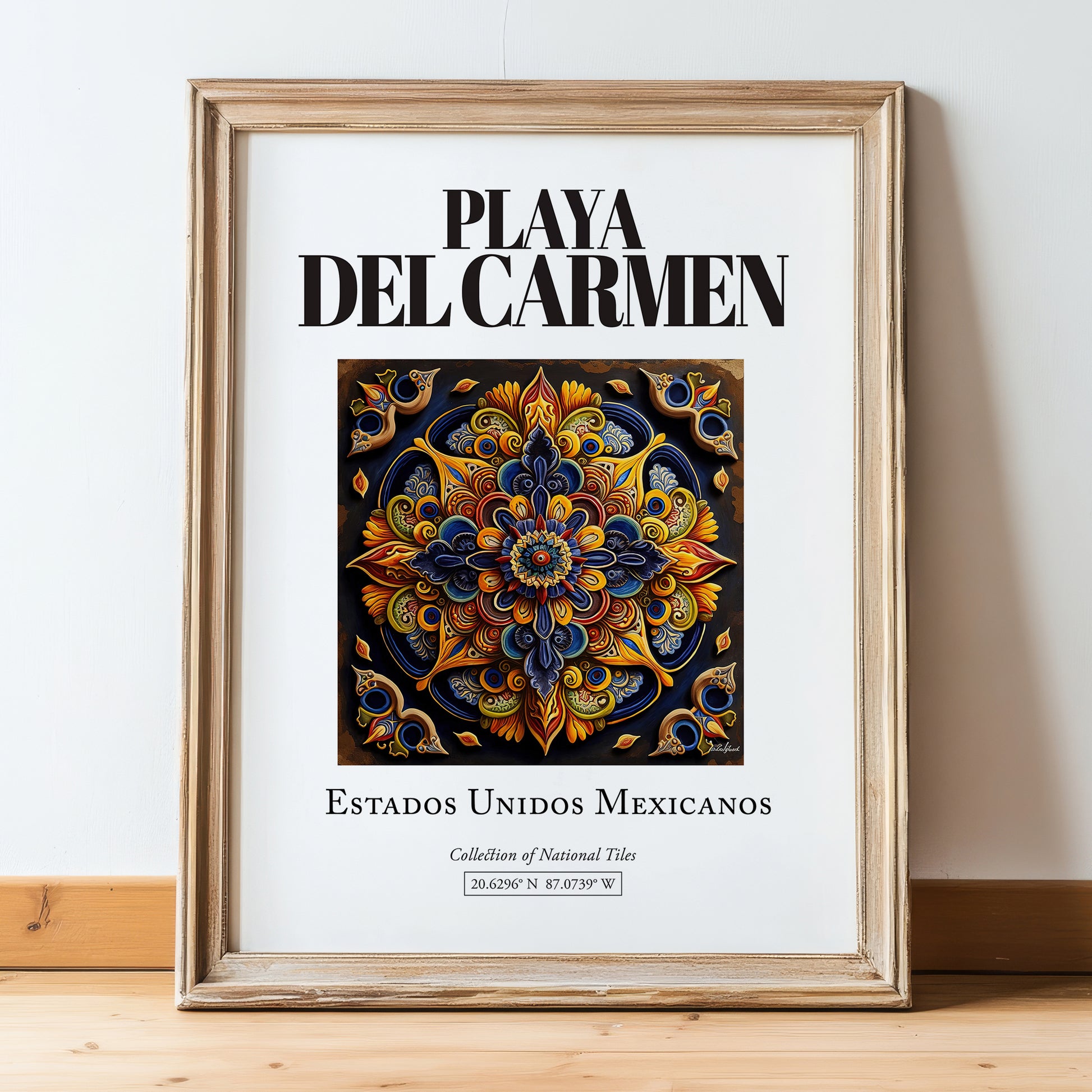 Playa del Carmen, Mexico – Travel Print, in wooden frame leaning on the floor