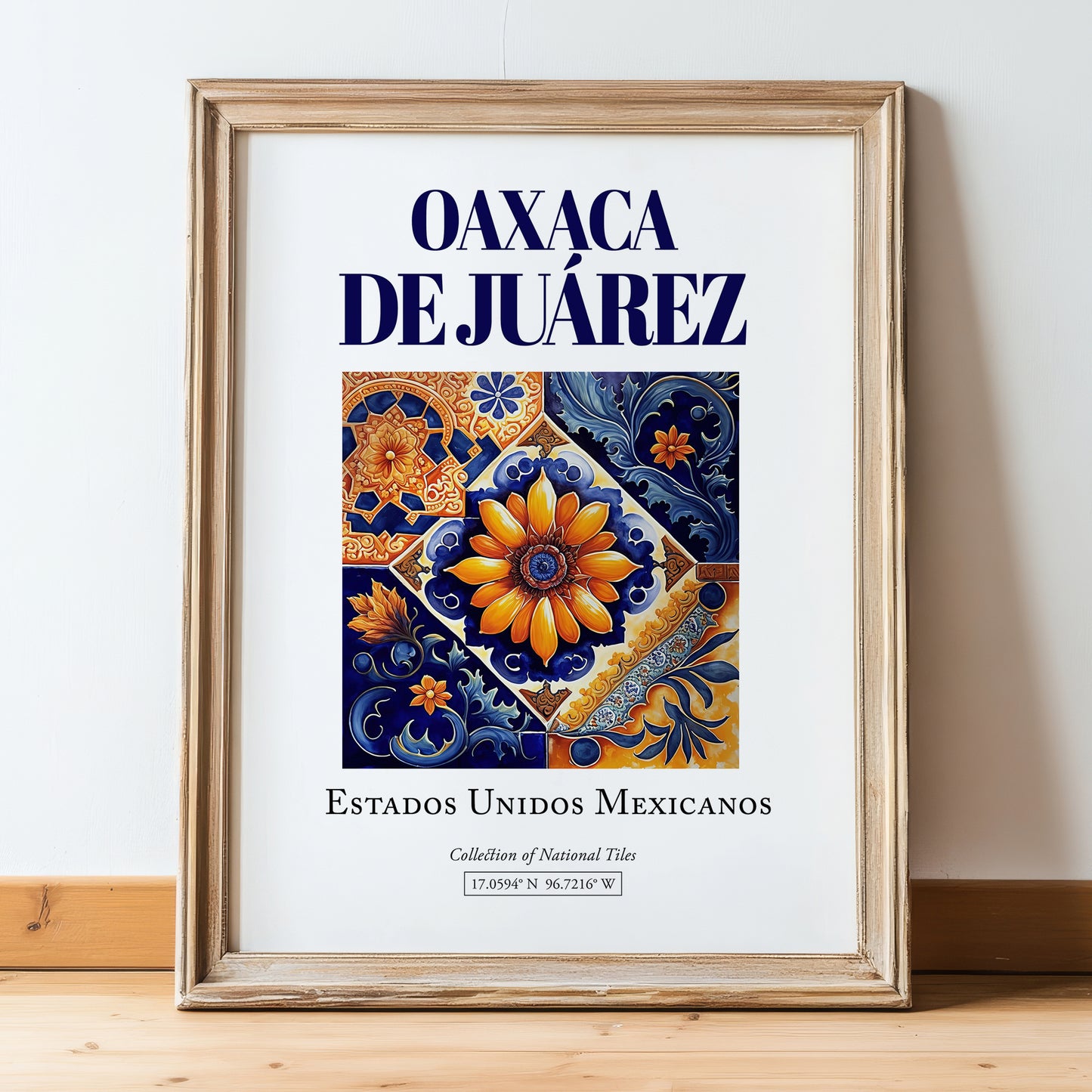 Oaxaca de Juárez, Mexico – Travel Print, in wooden frame leaning on the floor