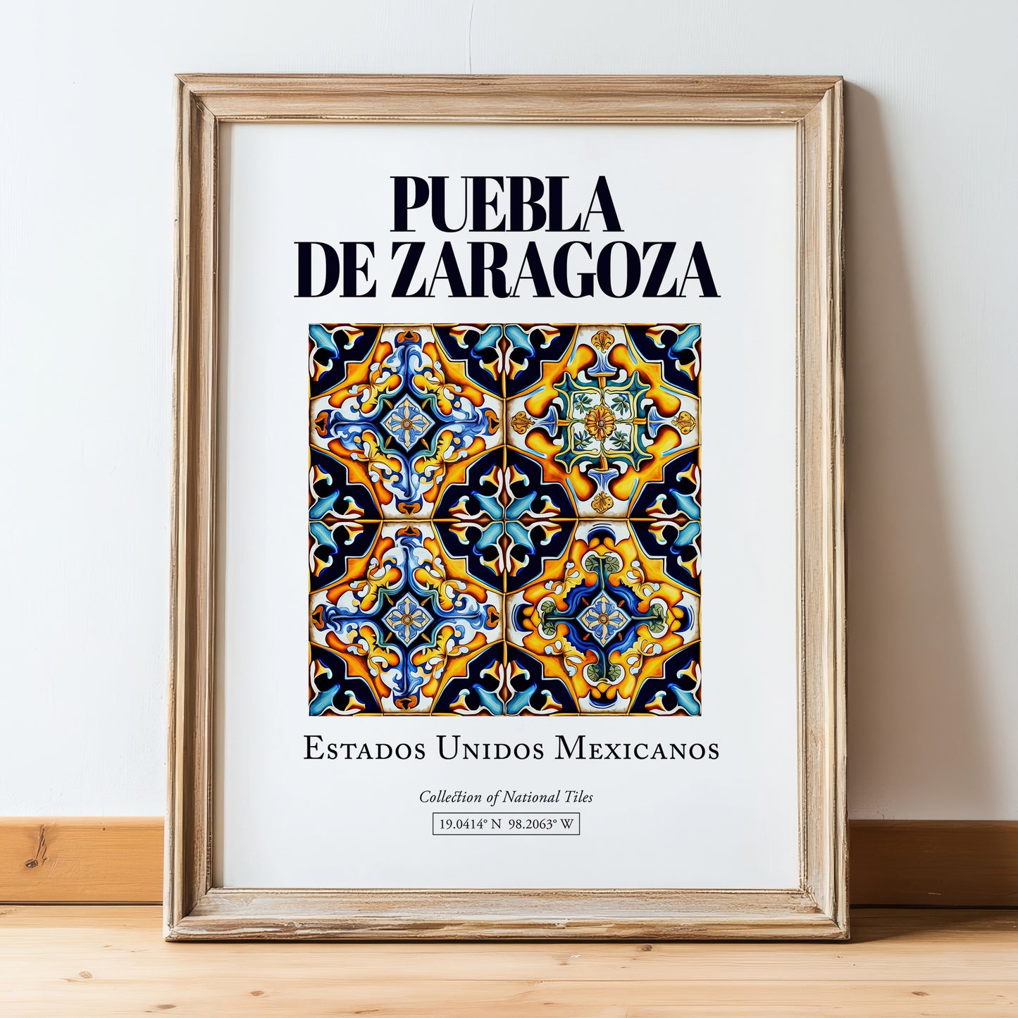 Puebla de Zaragoza, Mexico – Cultural Heritage Wall Art, in wooden frame leaning on the floor