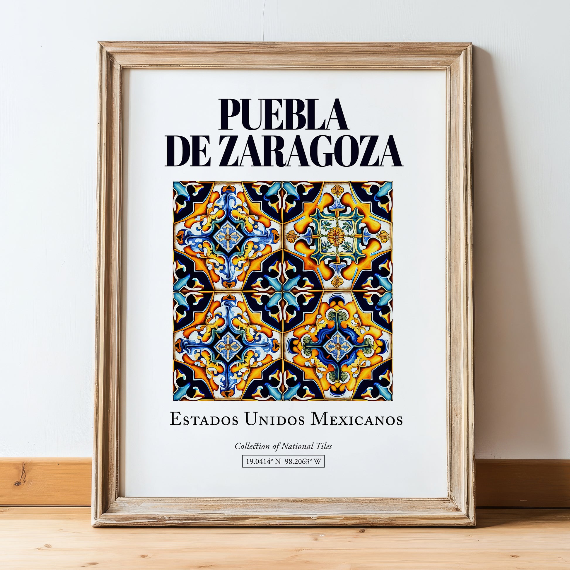 Puebla de Zaragoza, Mexico – Cultural Heritage Wall Art, in wooden frame leaning on the floor