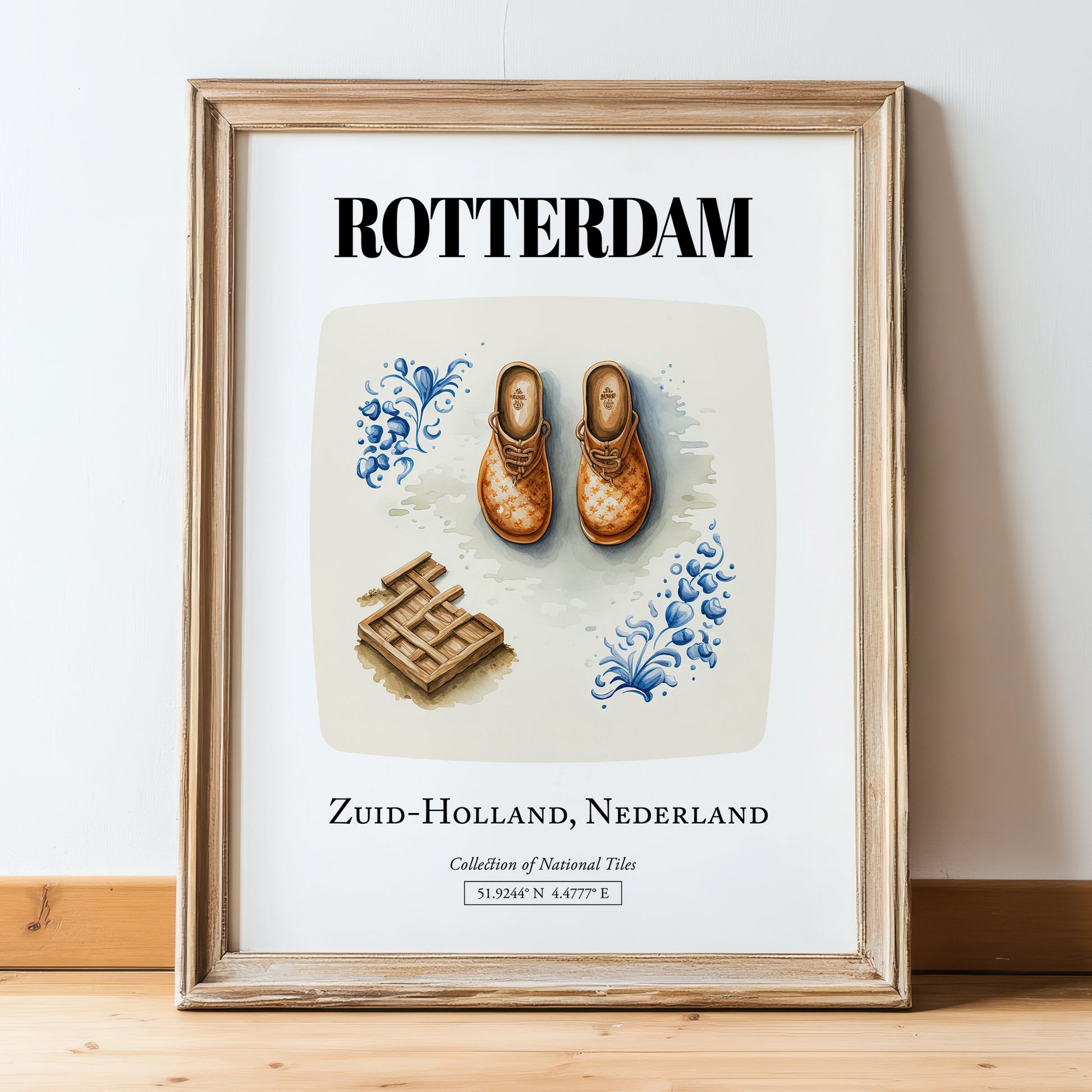 Rotterdam, Netherlands – Travel Poster, in wooden frame leaning on the floor