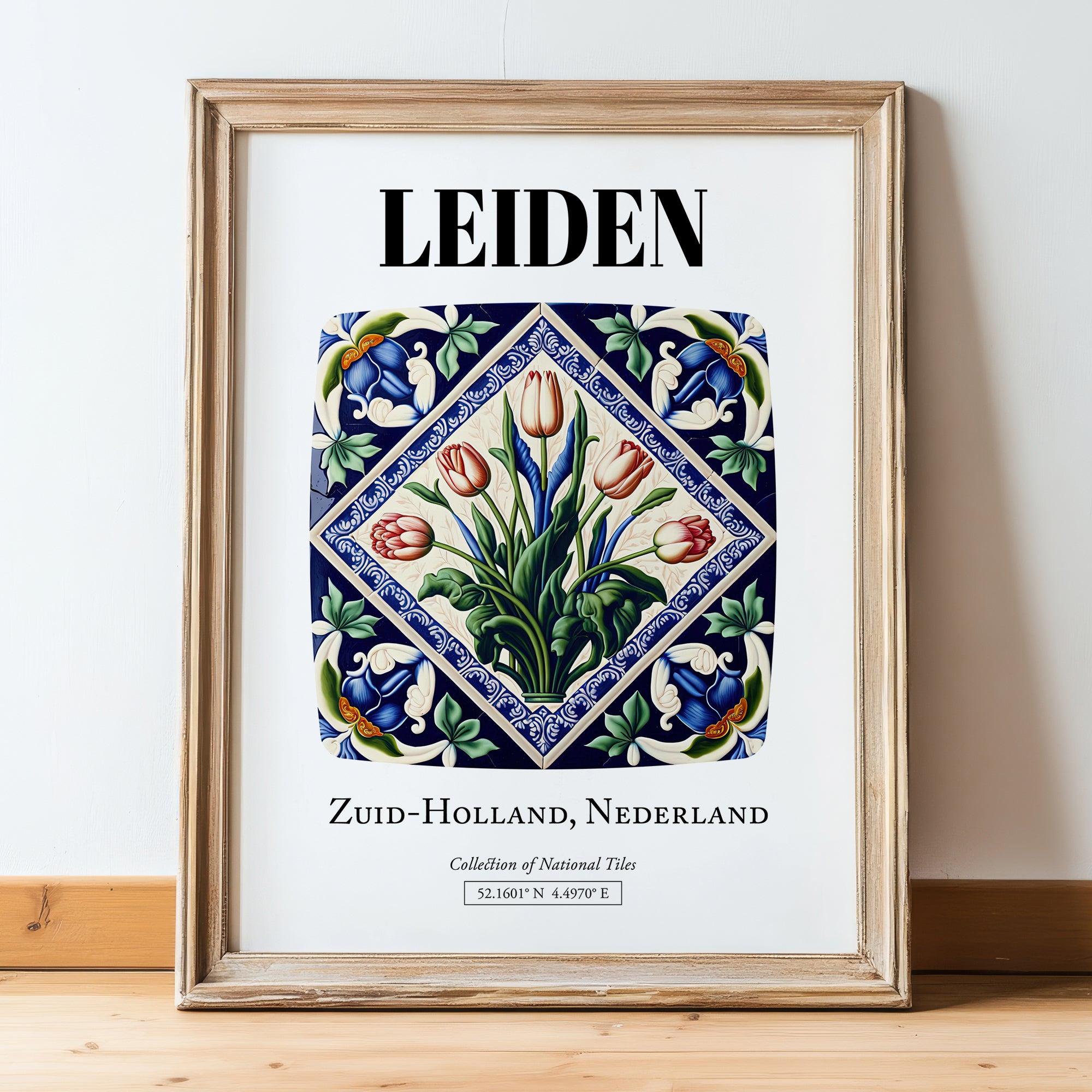 Leiden, Netherlands – Travel Print, in wooden frame leaning on the floor