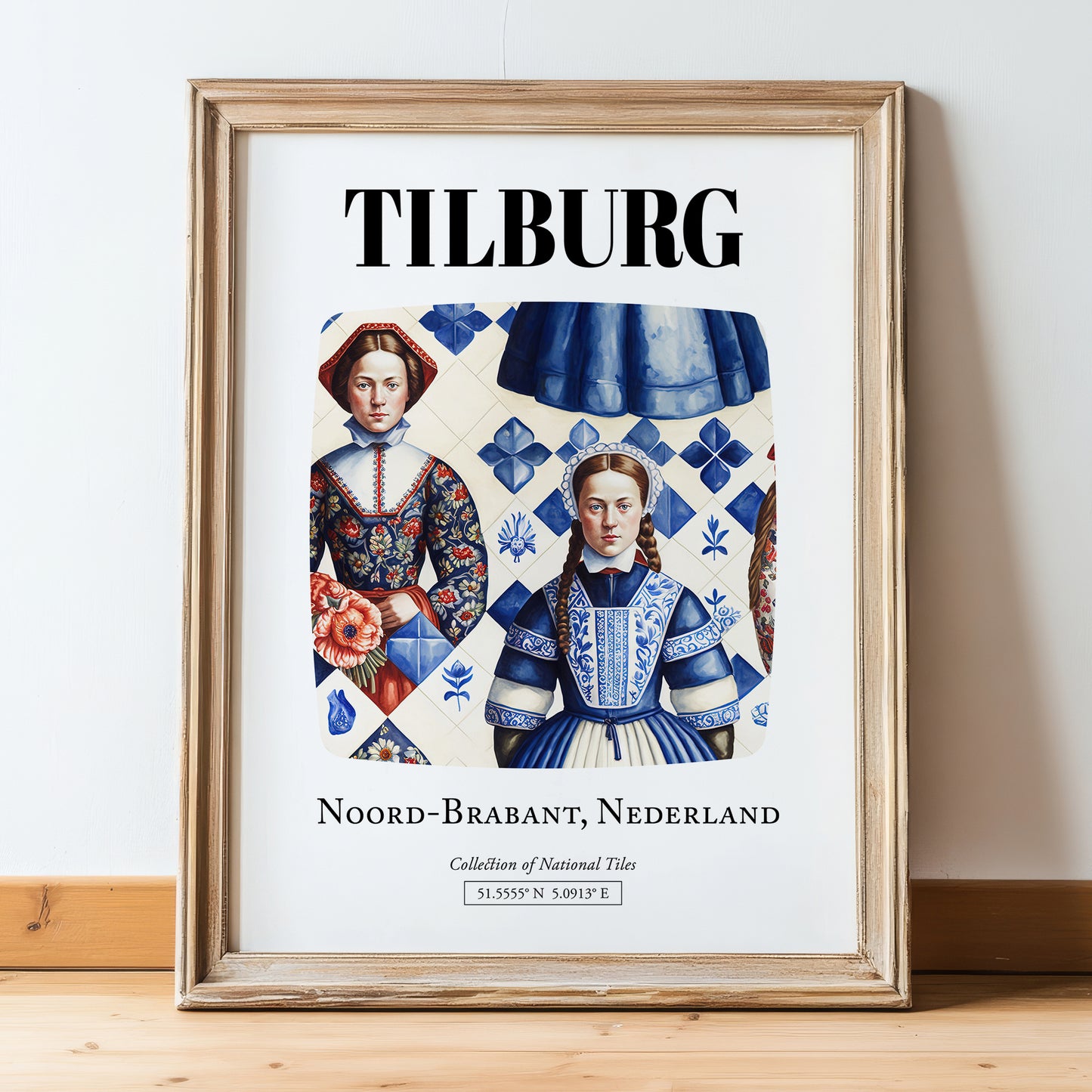 Tilburg, Netherlands – Travel Print, in wooden frame leaning on the floor