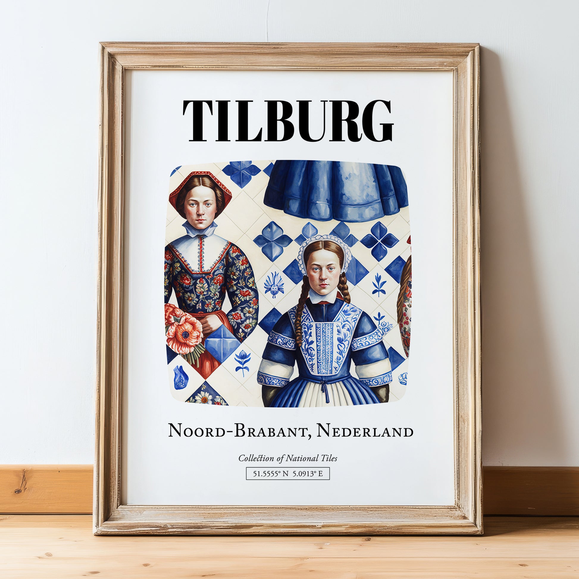 Tilburg, Netherlands – Travel Print, in wooden frame leaning on the floor