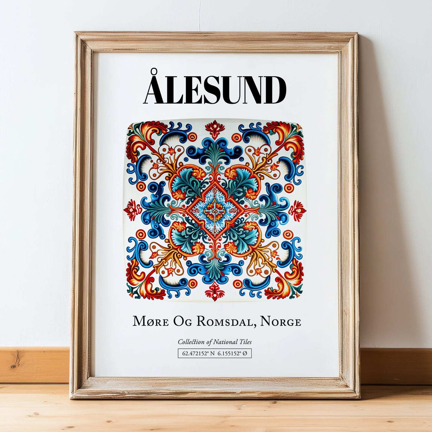 Ålesund, Norway – Travel Poster, in wooden frame leaning on the floor