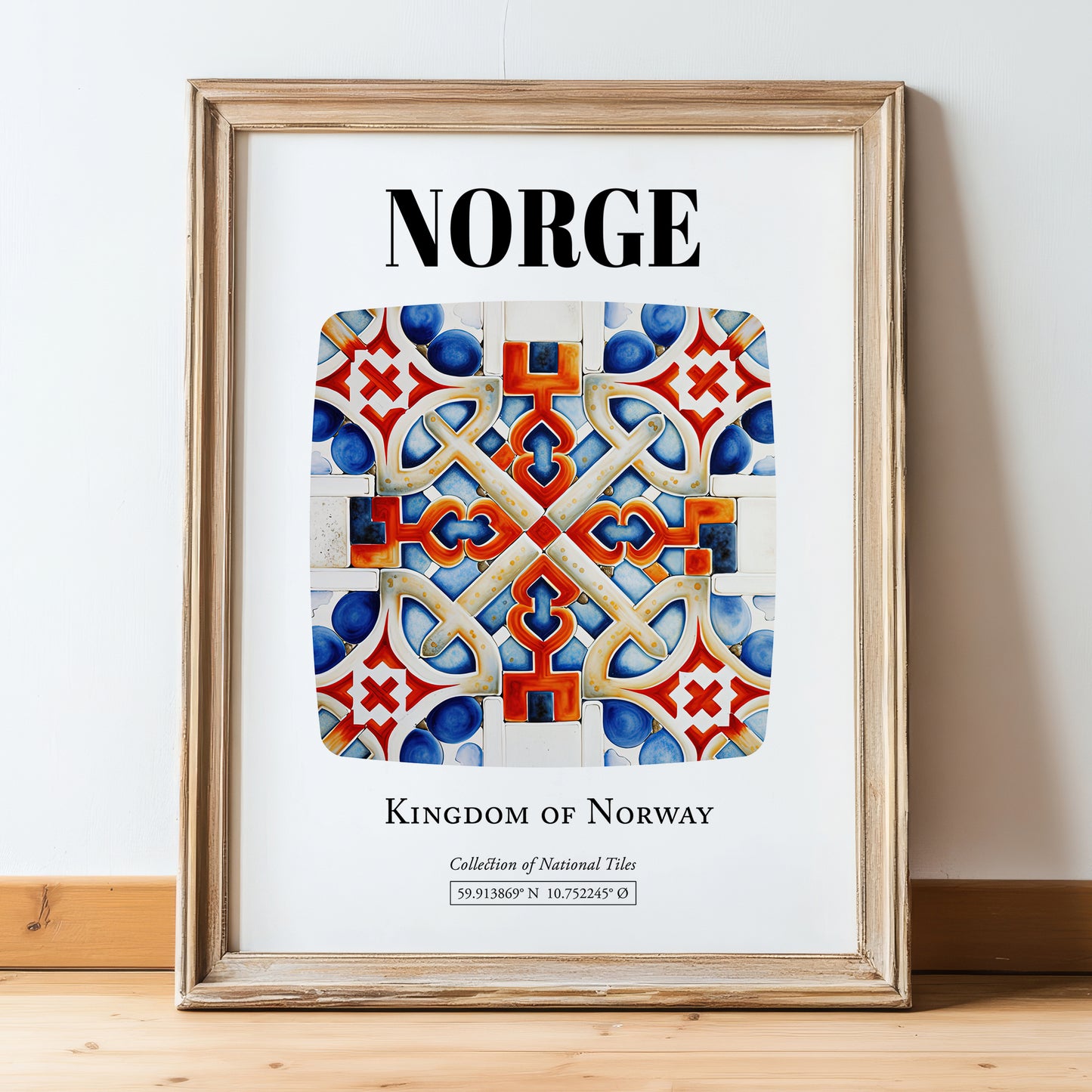 Norge, Norway – Travel Poster, in wooden frame leaning on the floor