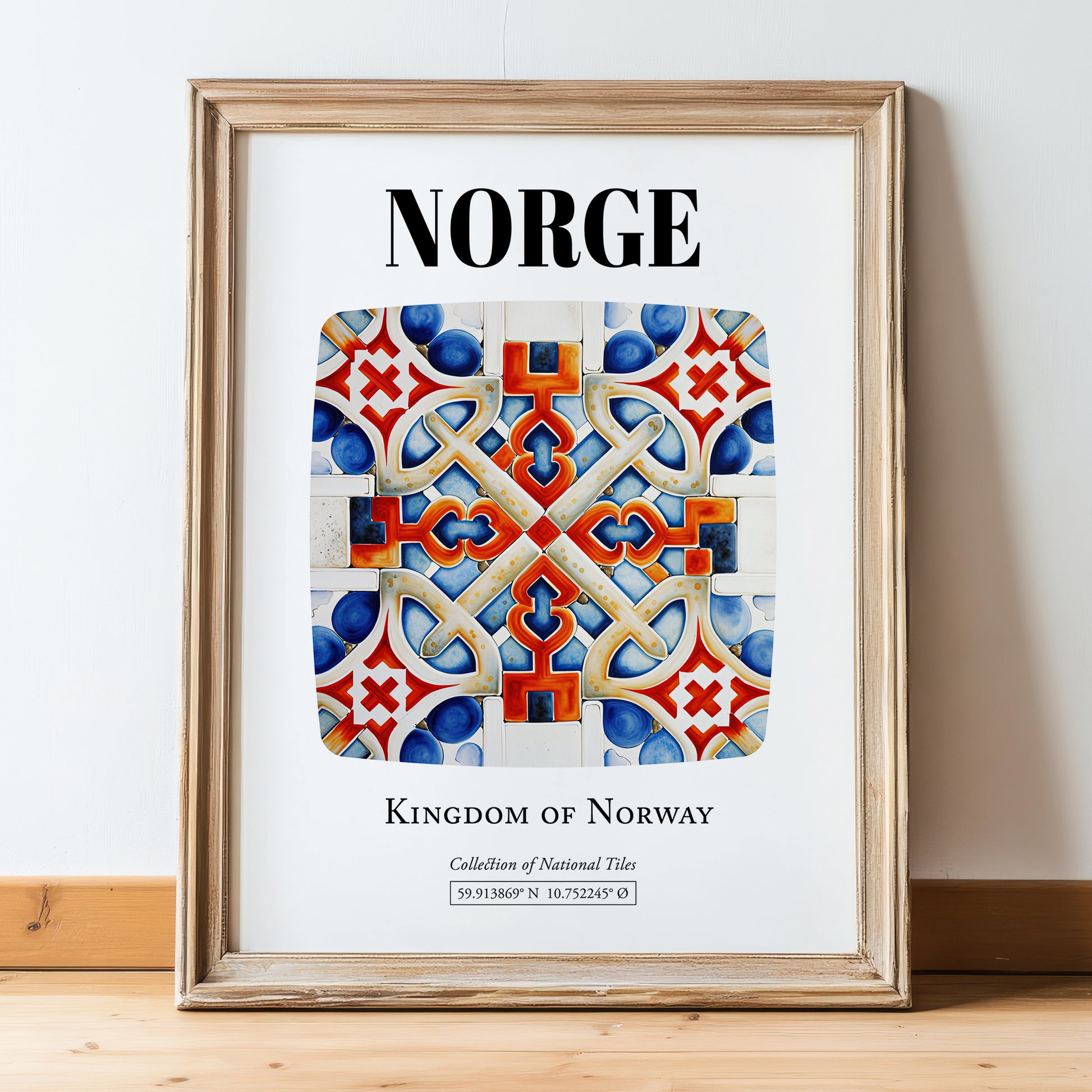 Norge, Norway – Travel Poster, in wooden frame leaning on the floor