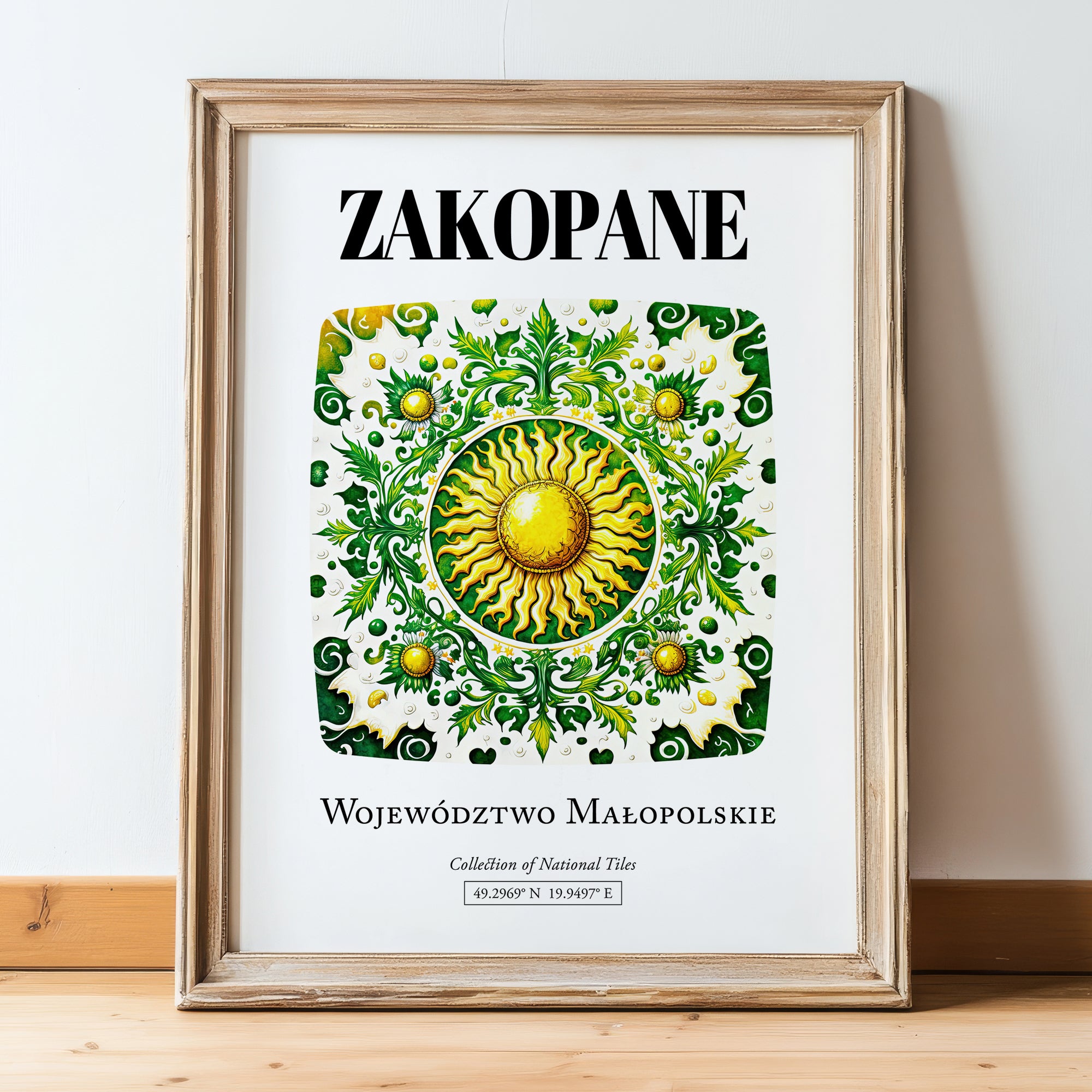 Zakopane, Poland – Illustrated Travel Poster, in wooden frame leaning on the floor