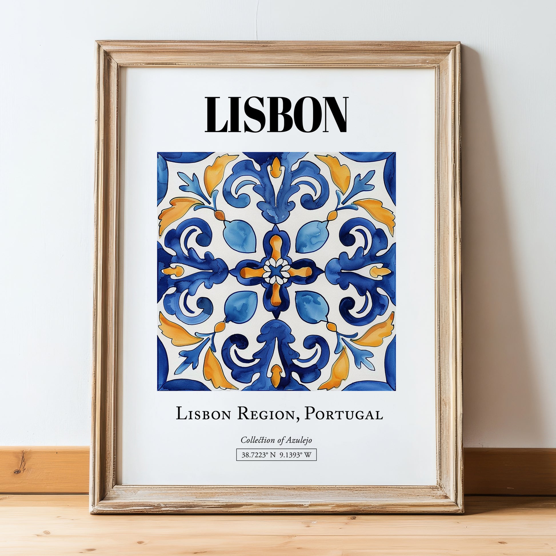 Lisbon, Portugal – Travel Print, in wooden frame leaning on the floor