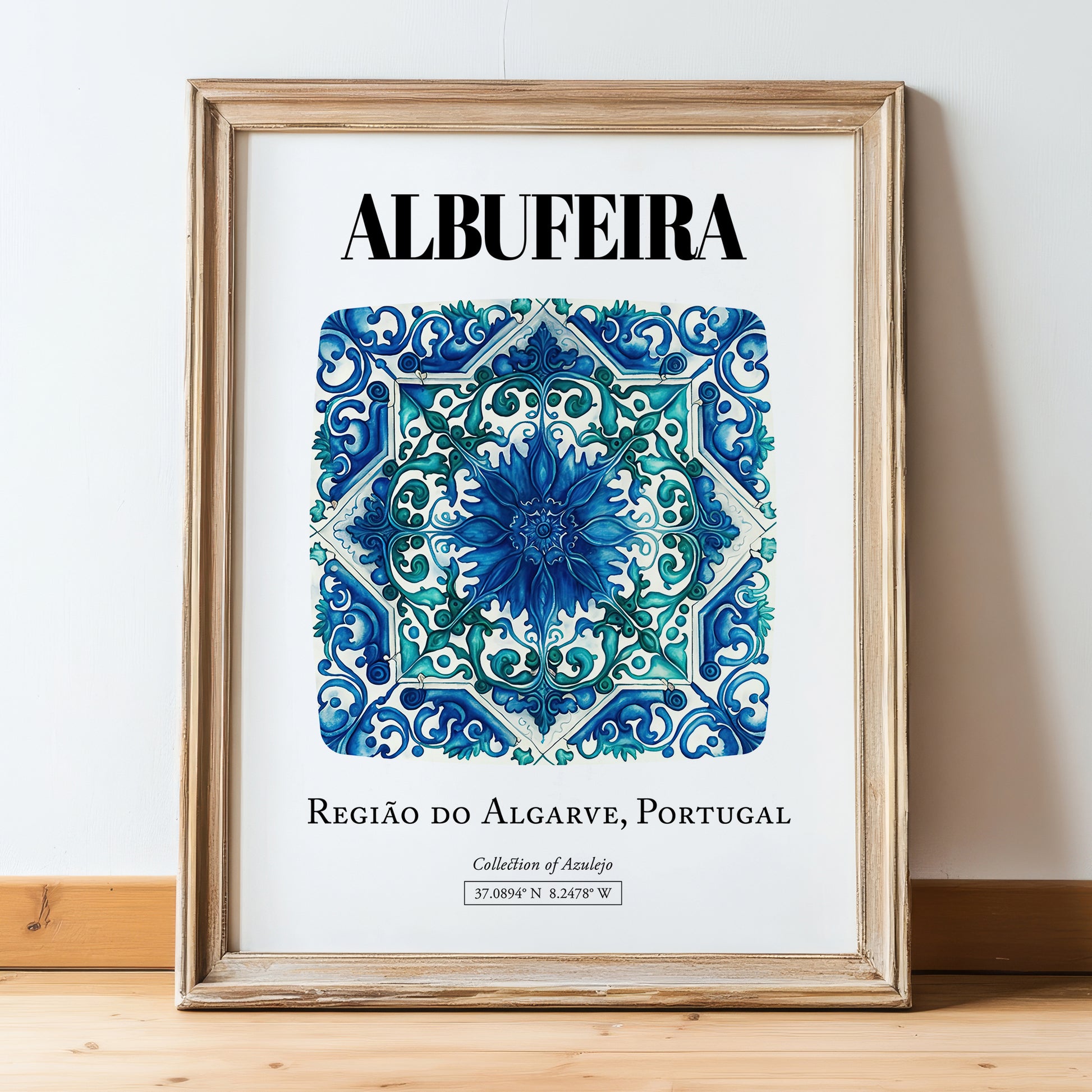 Albufeira, Portugal – Travel Print, in wooden frame leaning on the floor