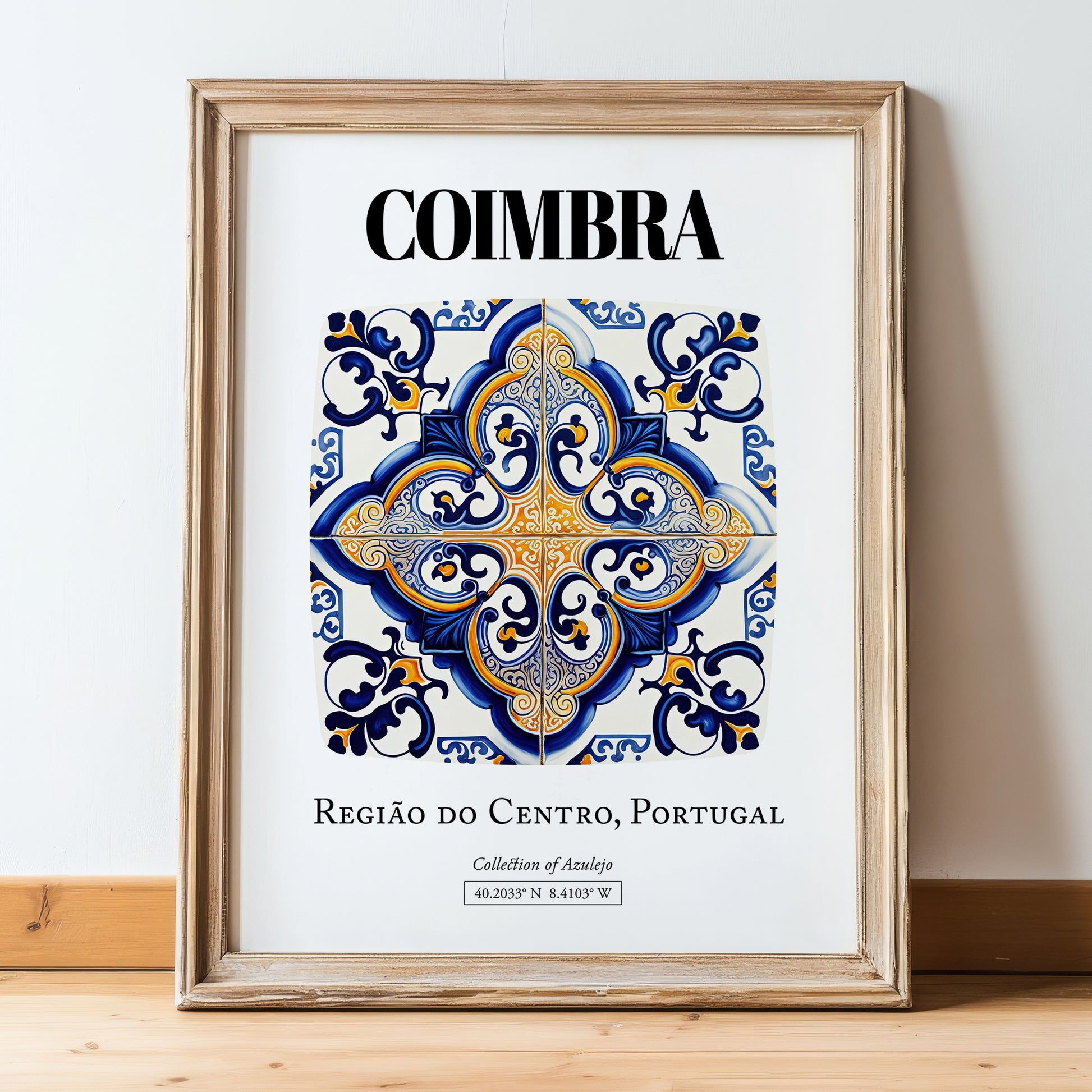 Coimbra, Portugal – Travel Poster, in wooden frame leaning on the floor