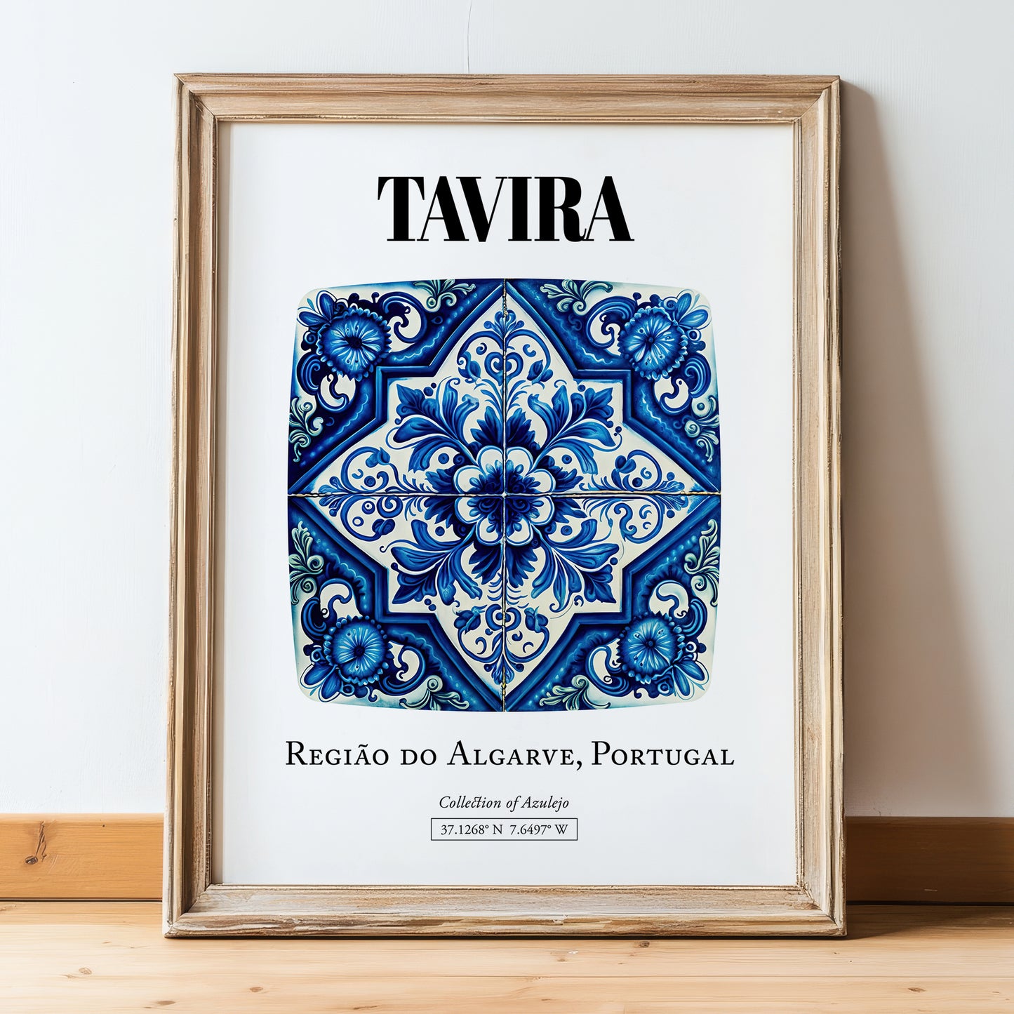 Tavira, Portugal – Away From Home Poster, in wooden frame leaning on the floor