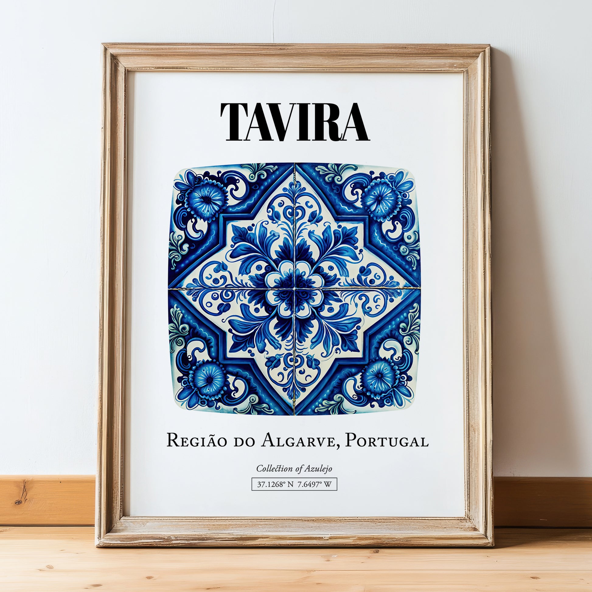 Tavira, Portugal – Away From Home Poster, in wooden frame leaning on the floor
