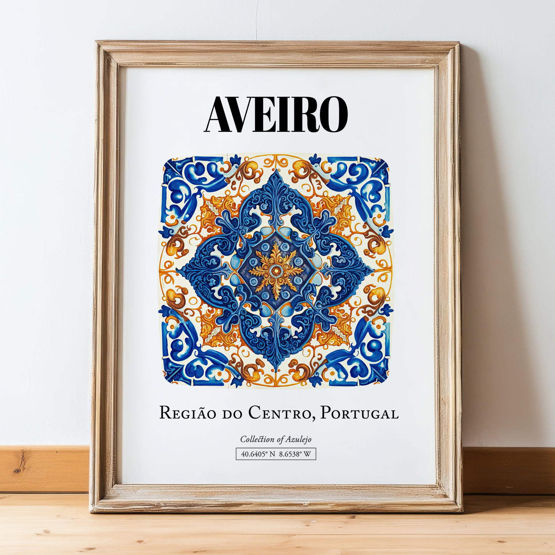 Aveiro, Portugal – Travel Poster, in wooden frame leaning on the floor