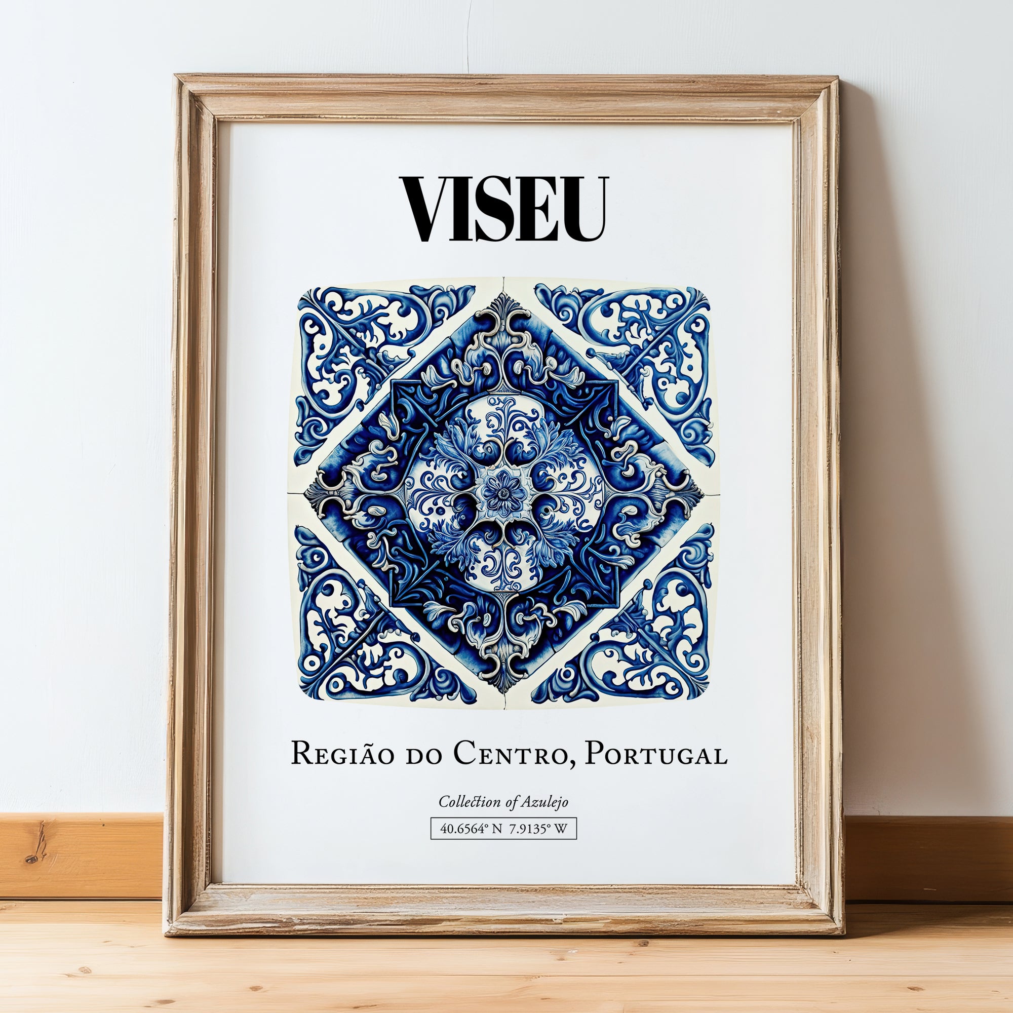 Viseu, Portugal – Travel Print, in wooden frame leaning on the floor