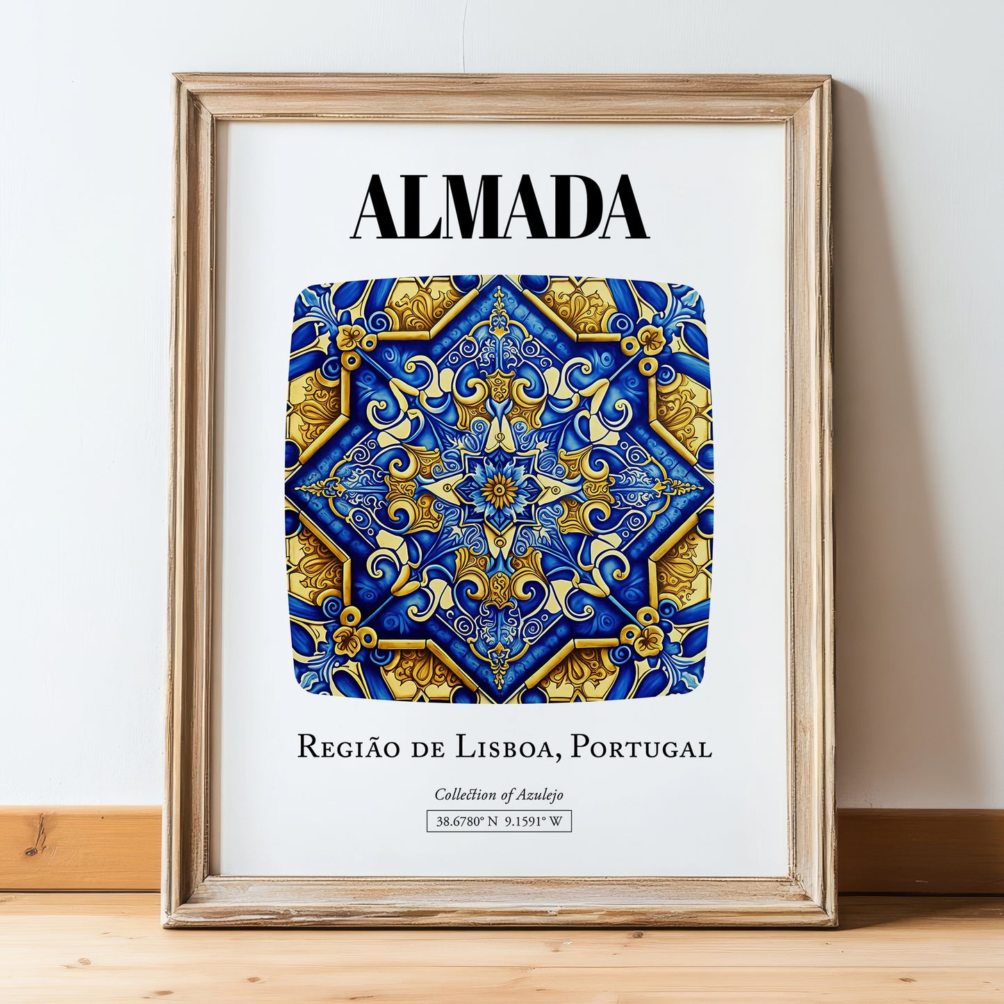 Almada, Portugal – Travel Poster, in wooden frame leaning on the floor