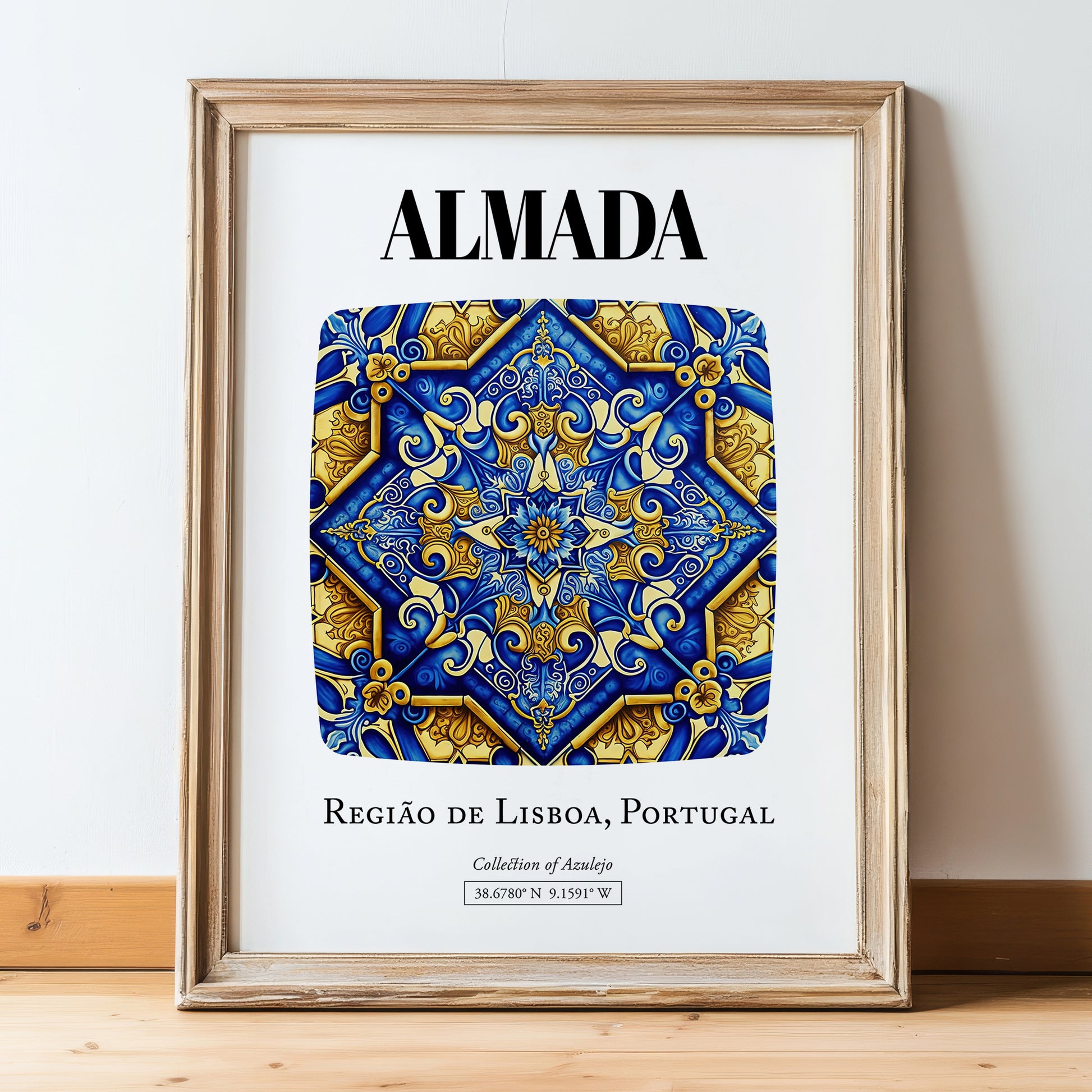 Almada, Portugal – Travel Poster, in wooden frame leaning on the floor