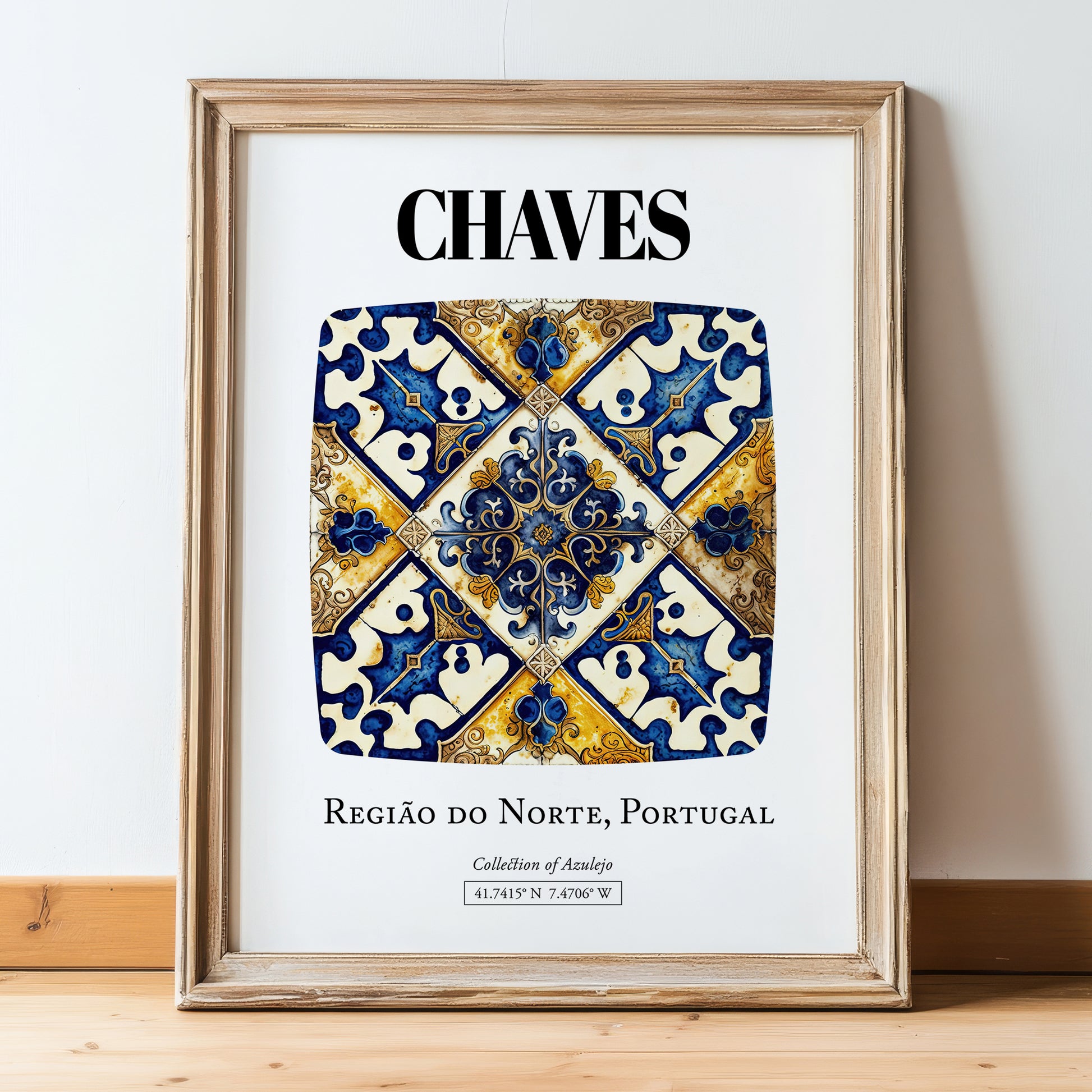 Chaves, Portugal – Travel Print, in wooden frame leaning on the floor