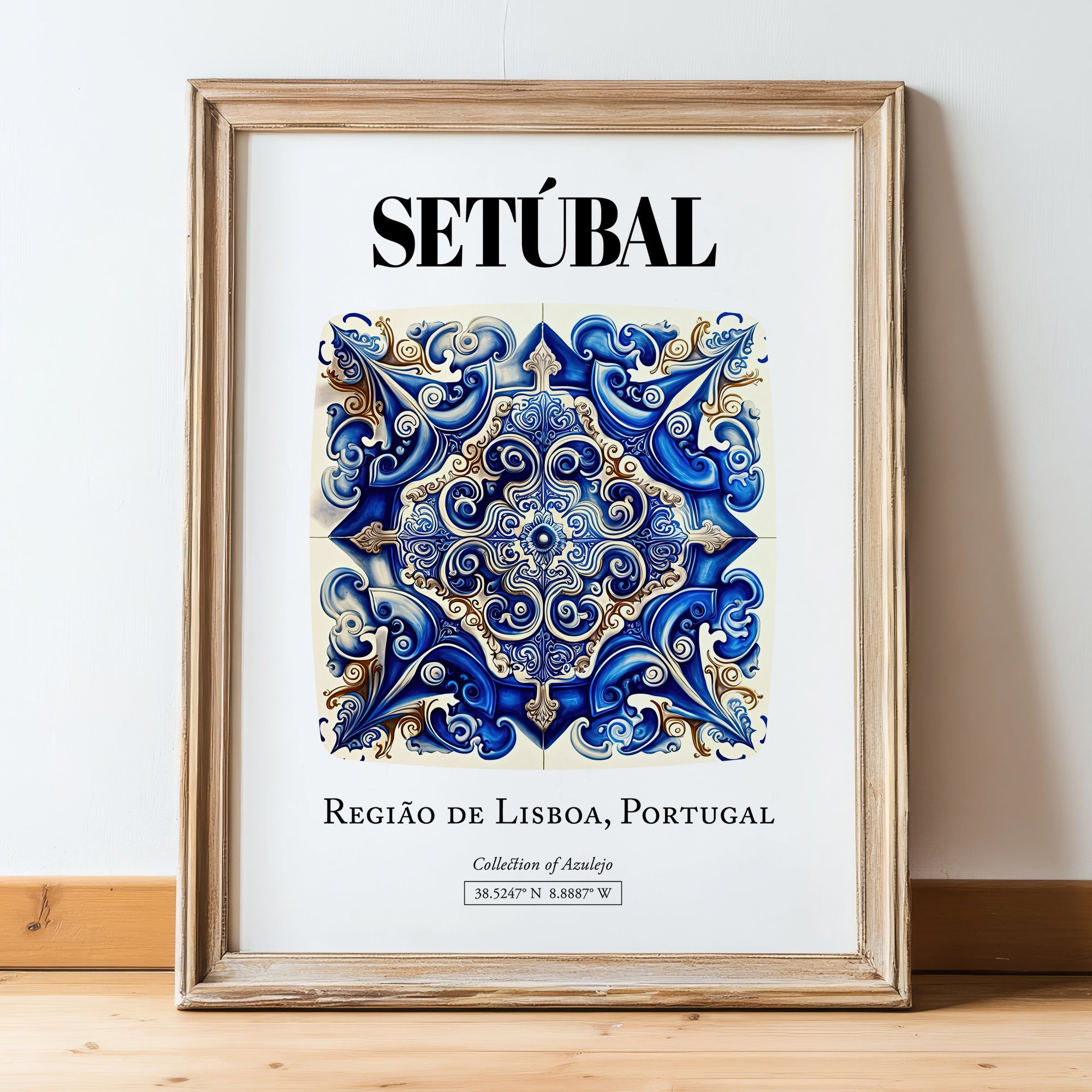 Setúbal, Portugal – Travel Poster, in wooden frame leaning on the floor