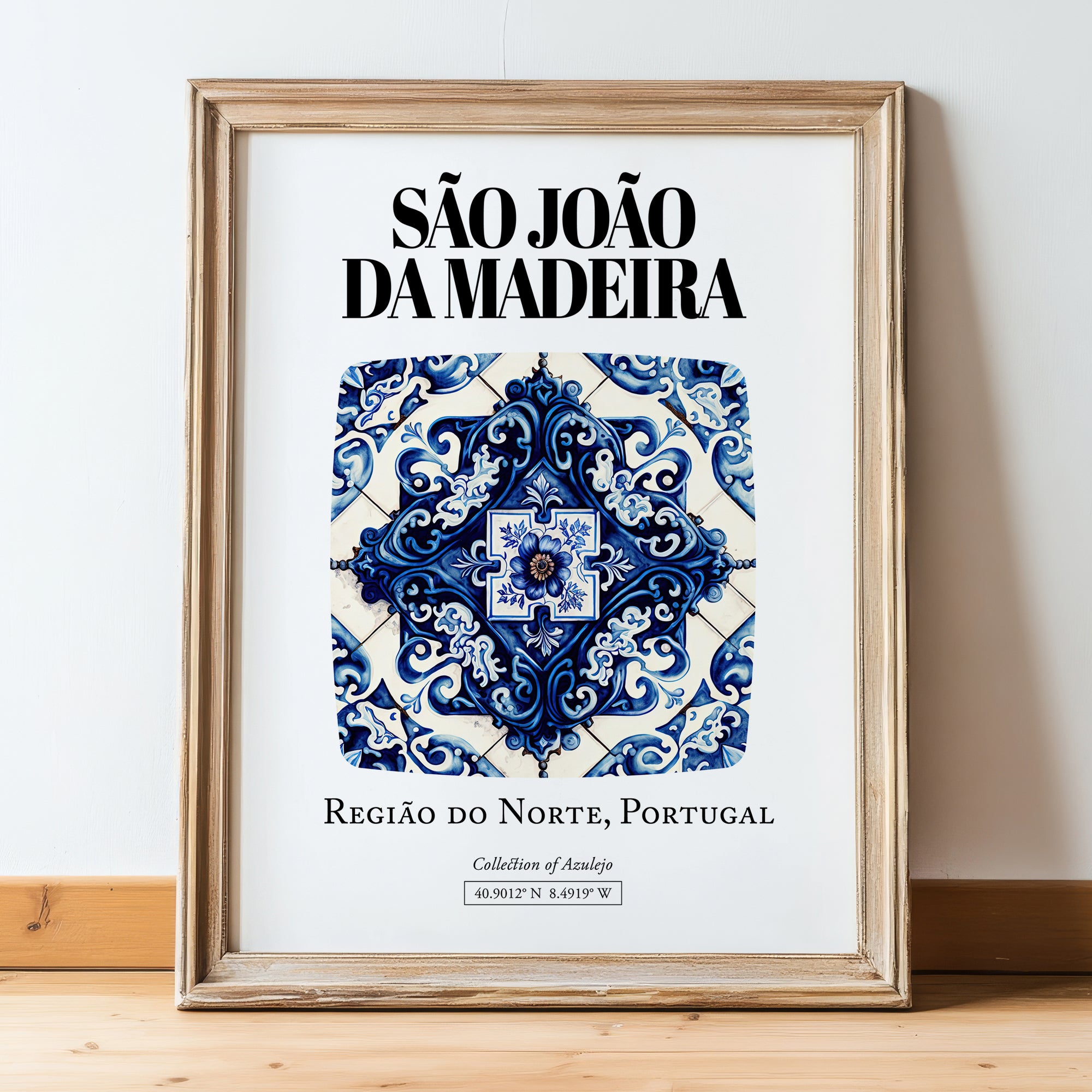 São João Da Madeira, Portugal – Travel Print, in wooden frame leaning on the floor