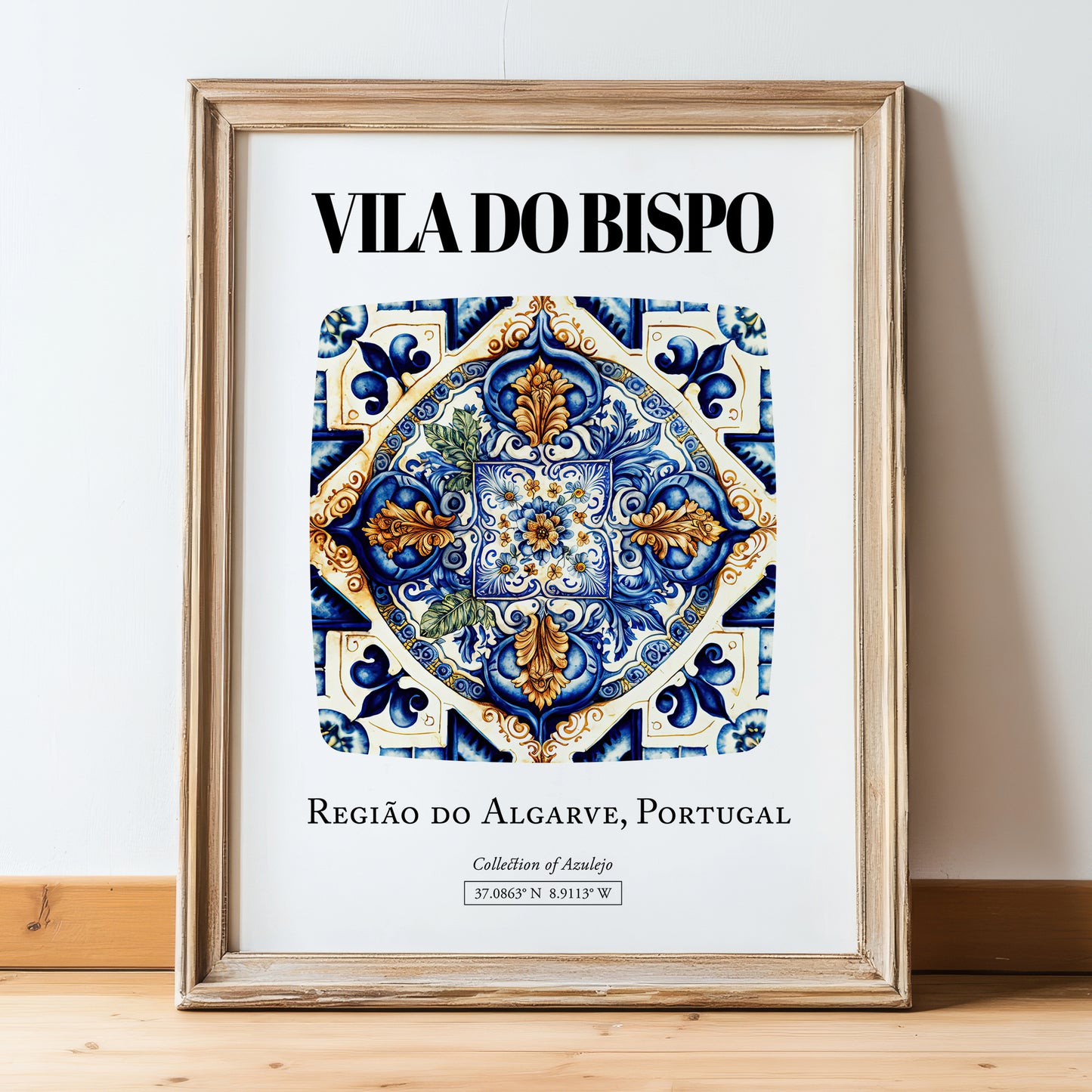 Vila Do Bispo, Portugal – Travel Poster, in wooden frame leaning on the floor