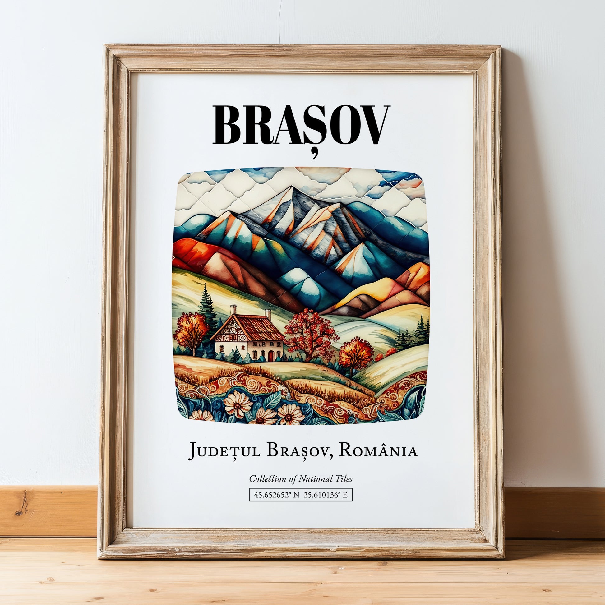 Brașov, Romania – Travel Print, in wooden frame leaning on the floor