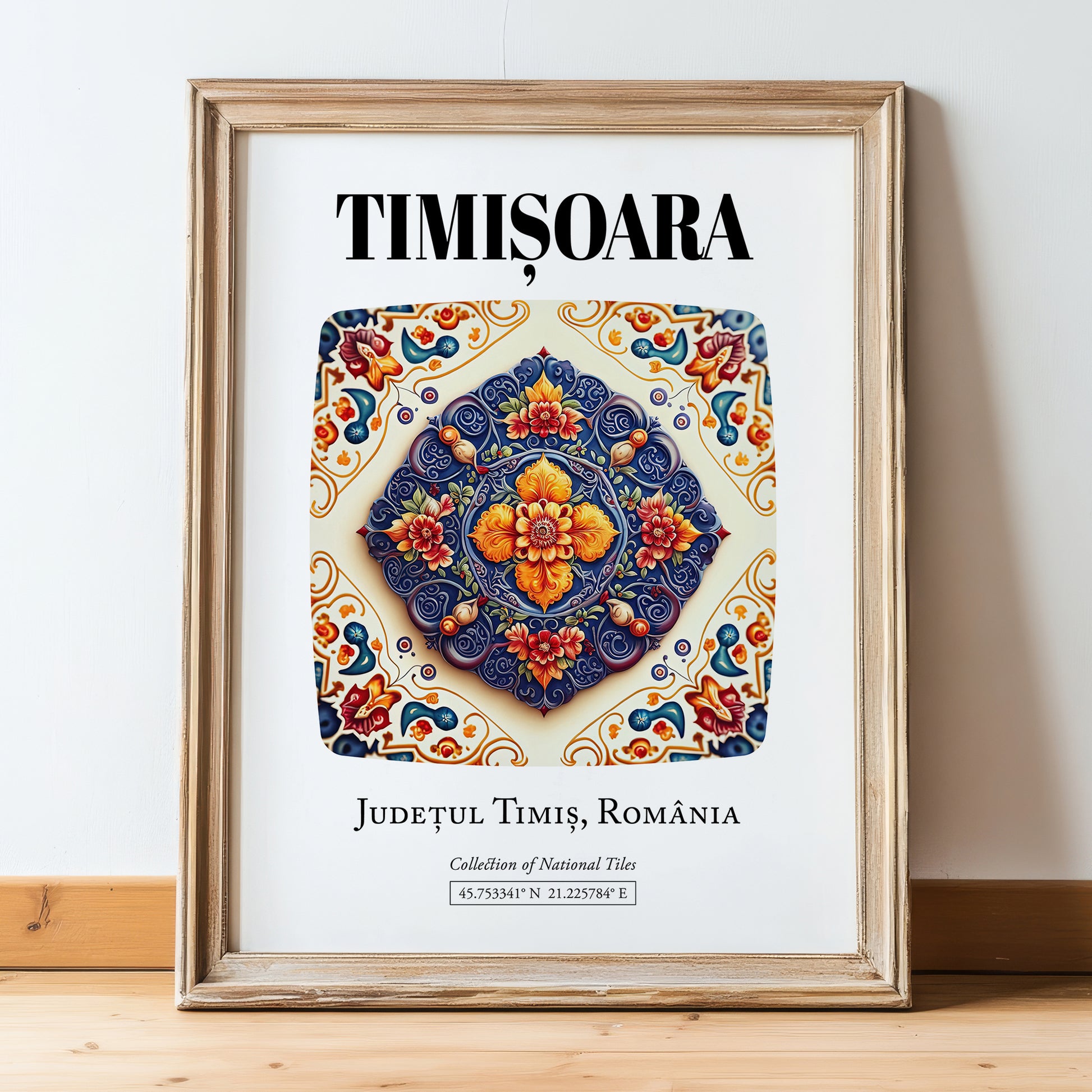 Timișoara, Romania – Retro Travel Poster, in wooden frame leaning on the floor