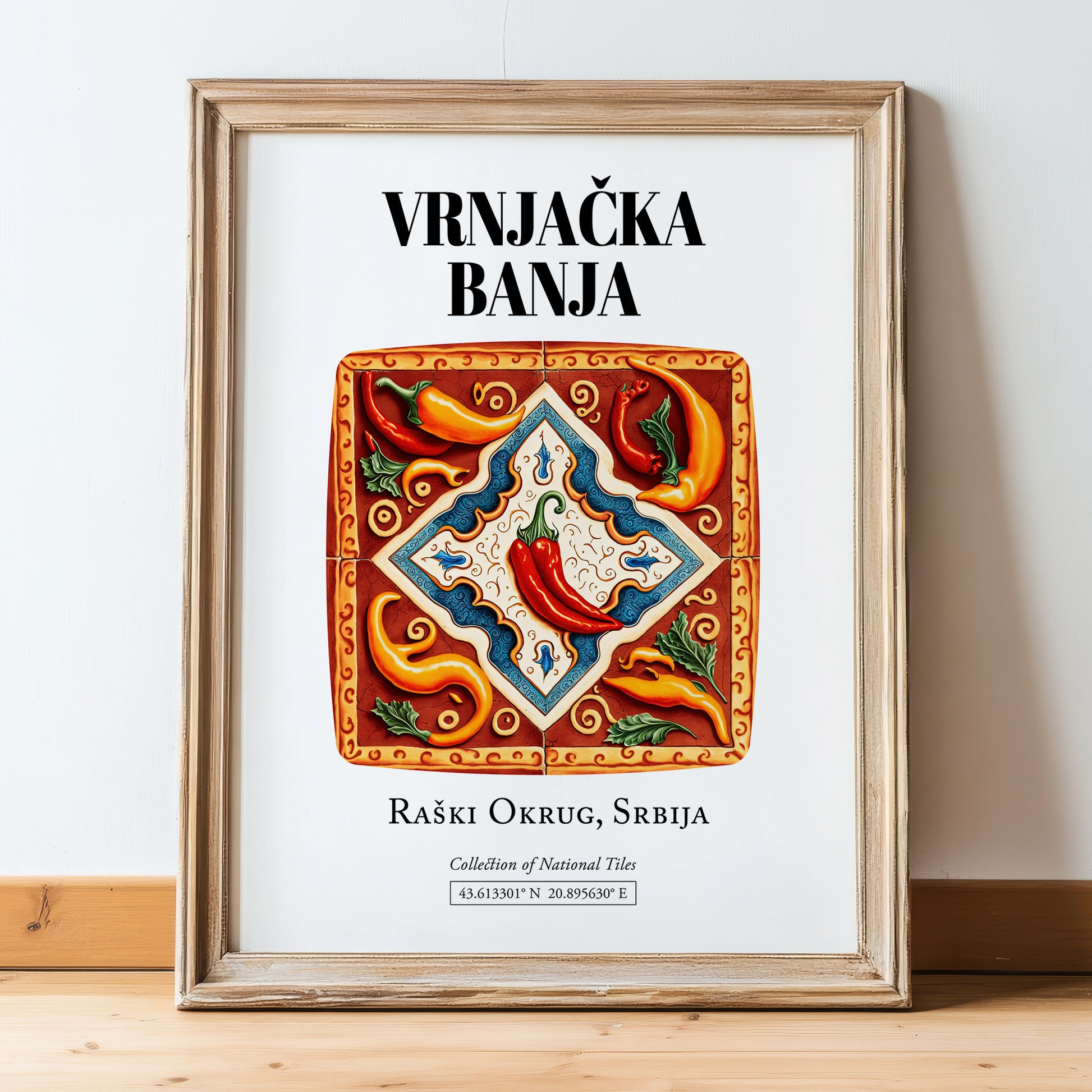 Vrnjačka Banja, Serbia – Retro Travel Poster, in wooden frame leaning on the floor