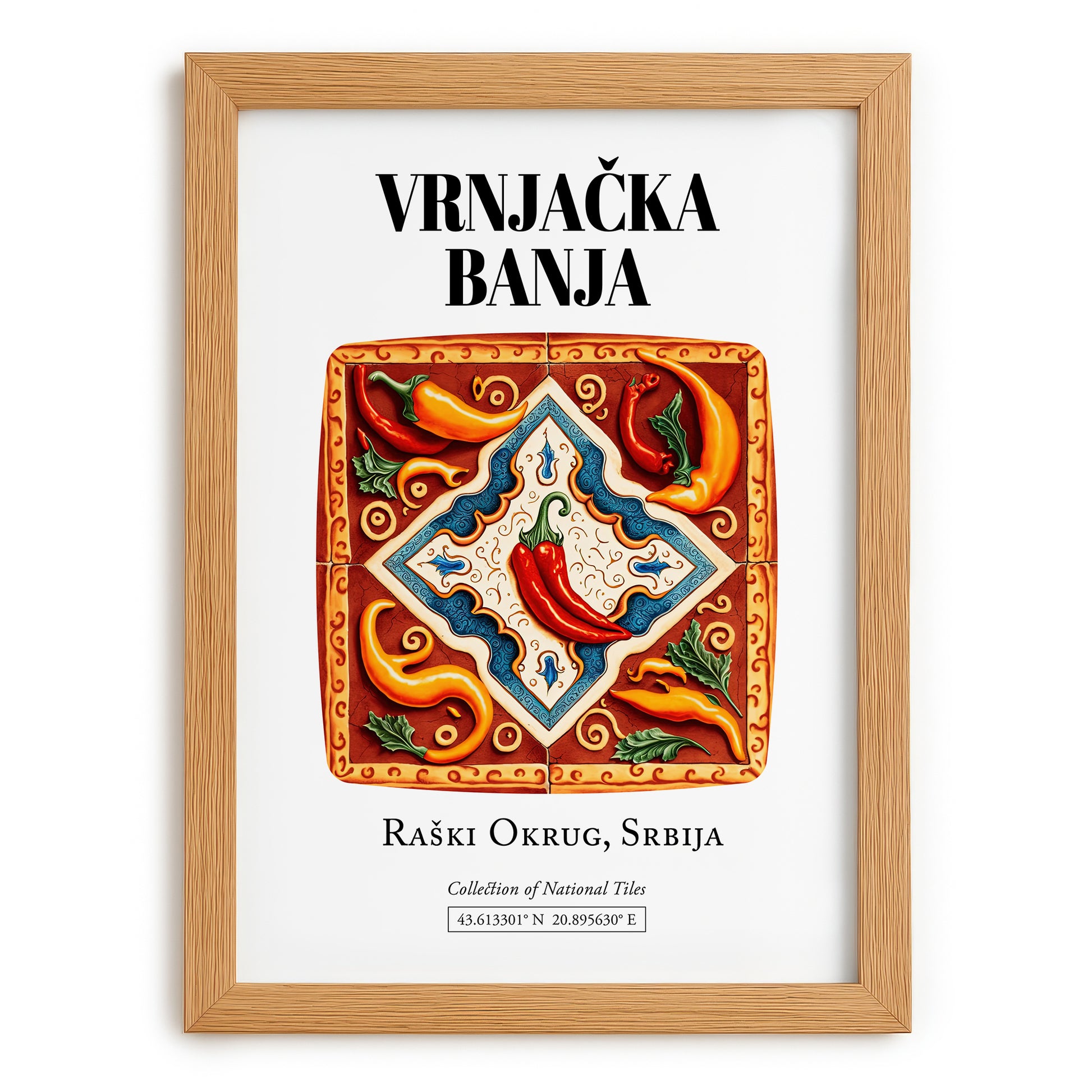 Vrnjačka Banja, Serbia – Retro Travel Poster, set in oak frame