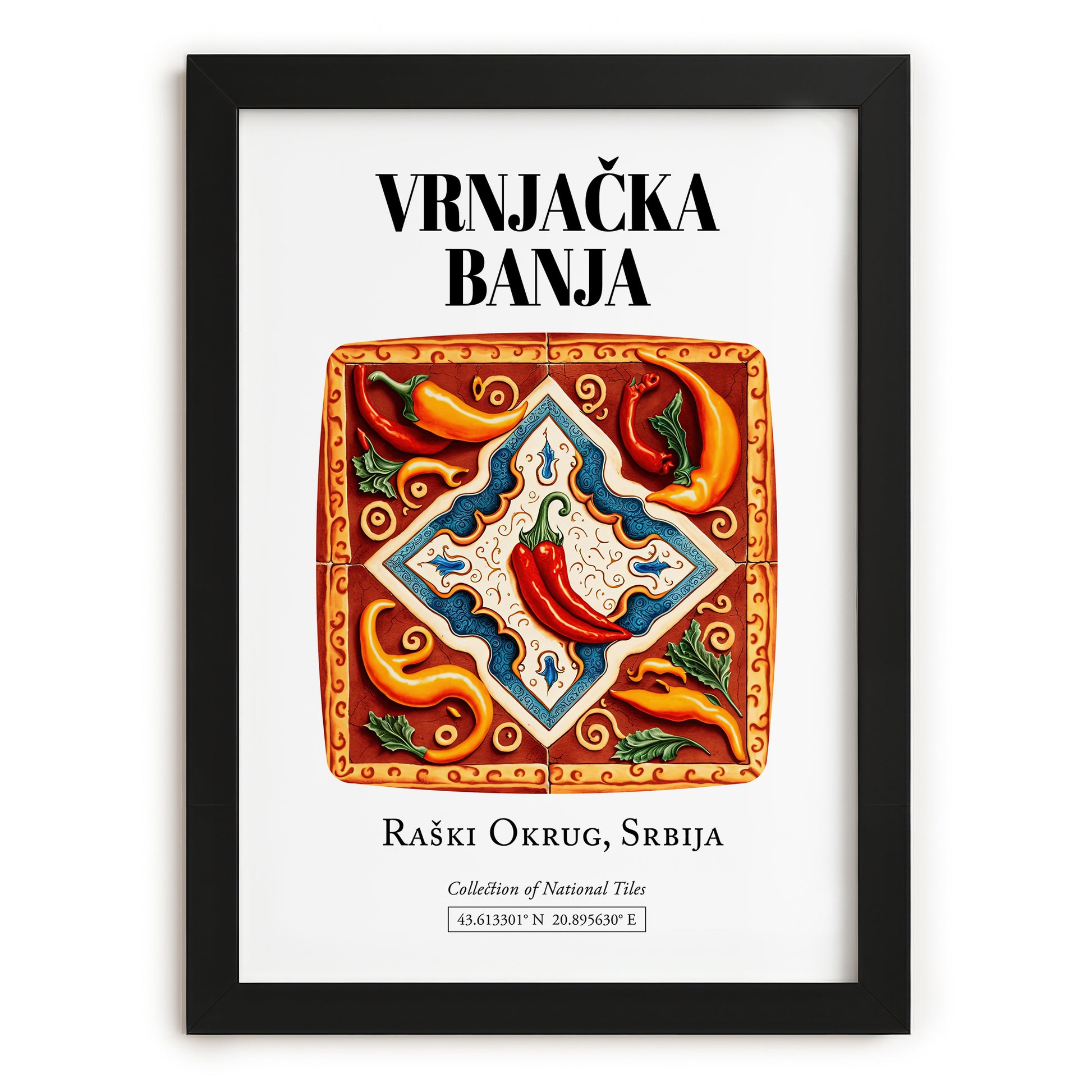 Vrnjačka Banja, Serbia – Retro Travel Poster, in sleek black frame