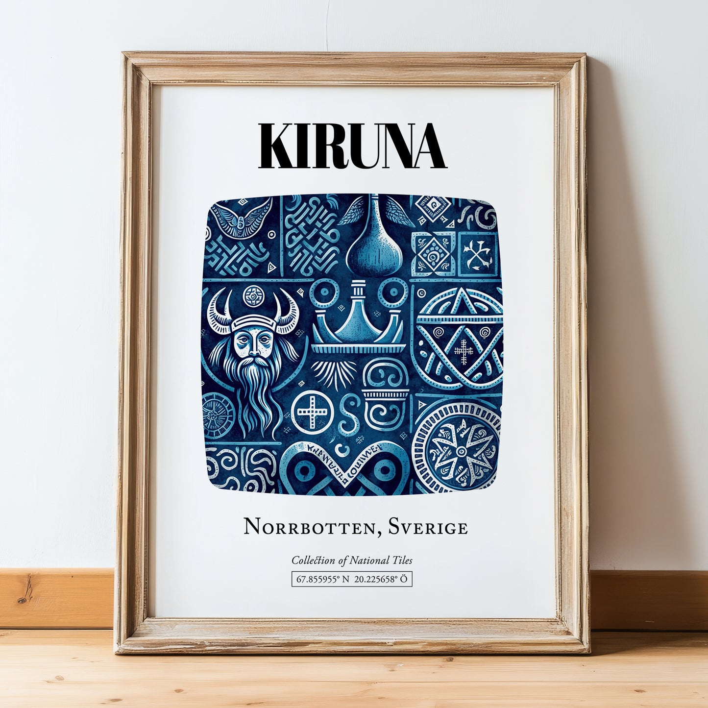 Kiruna, Sweden – Wanderlust-Inspired Poster, in wooden frame leaning on the floor