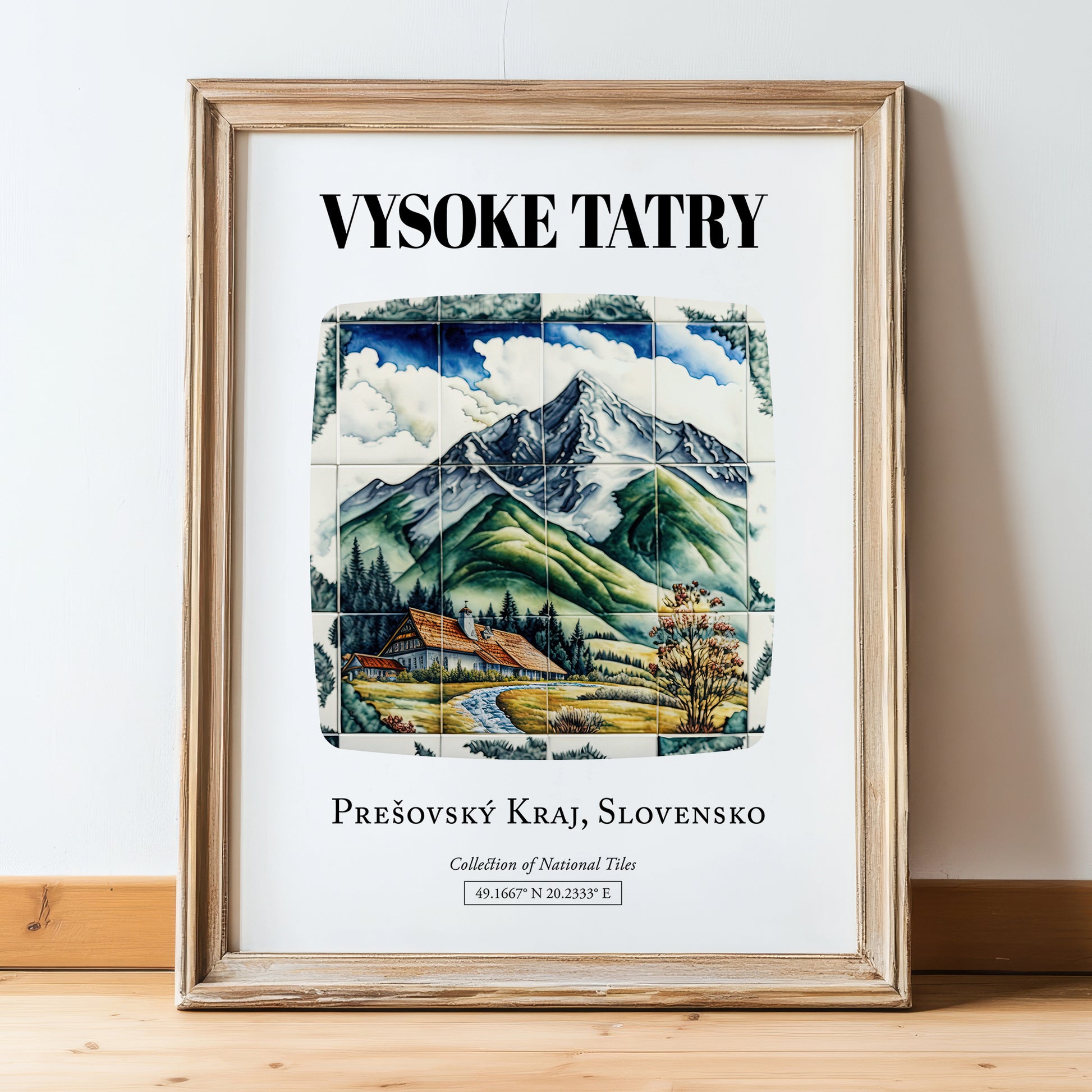 Vysoke Tatry, Slovakia – Travel Poster, in wooden frame leaning on the floor