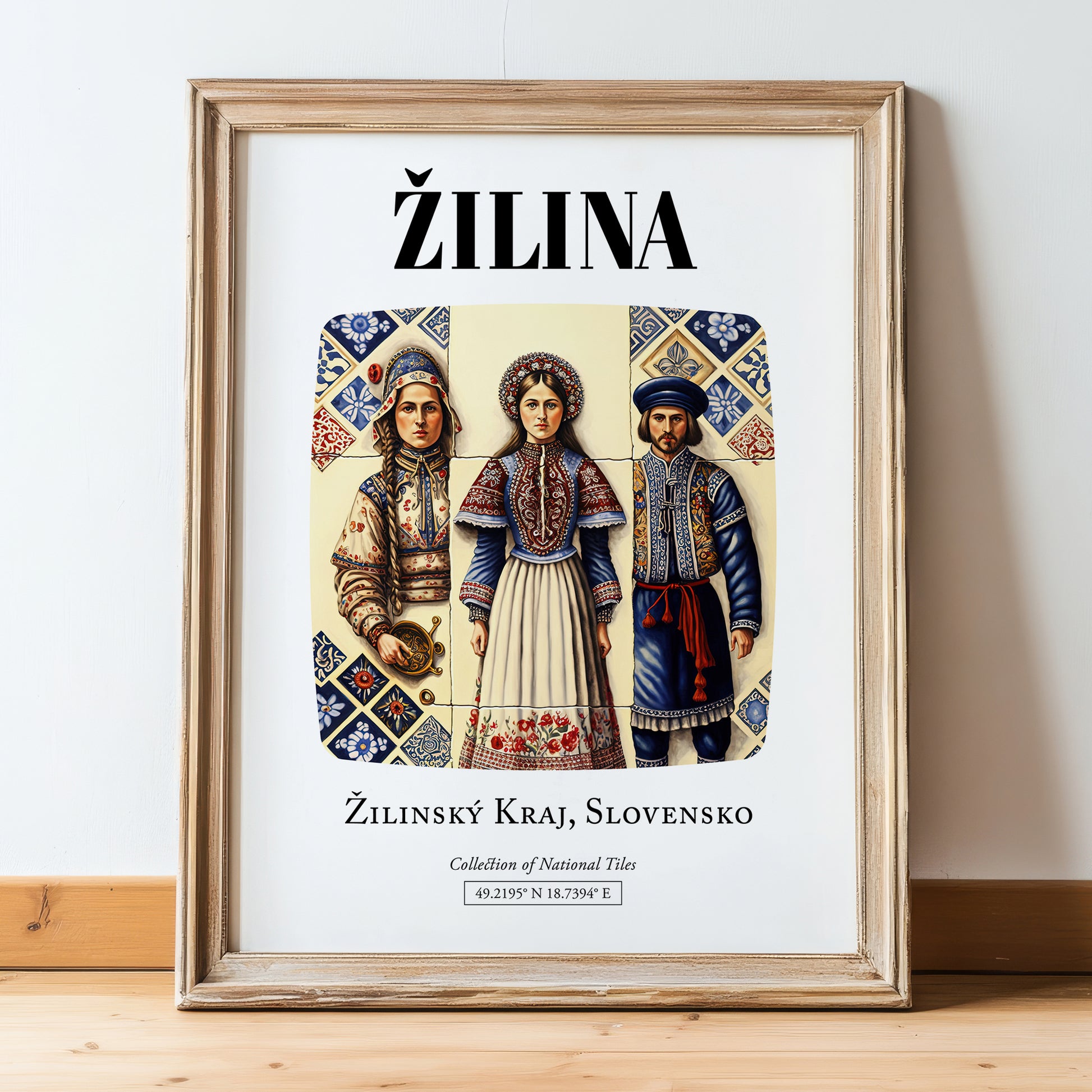 Žilina, Slovakia – Travel Poster, in wooden frame leaning on the floor