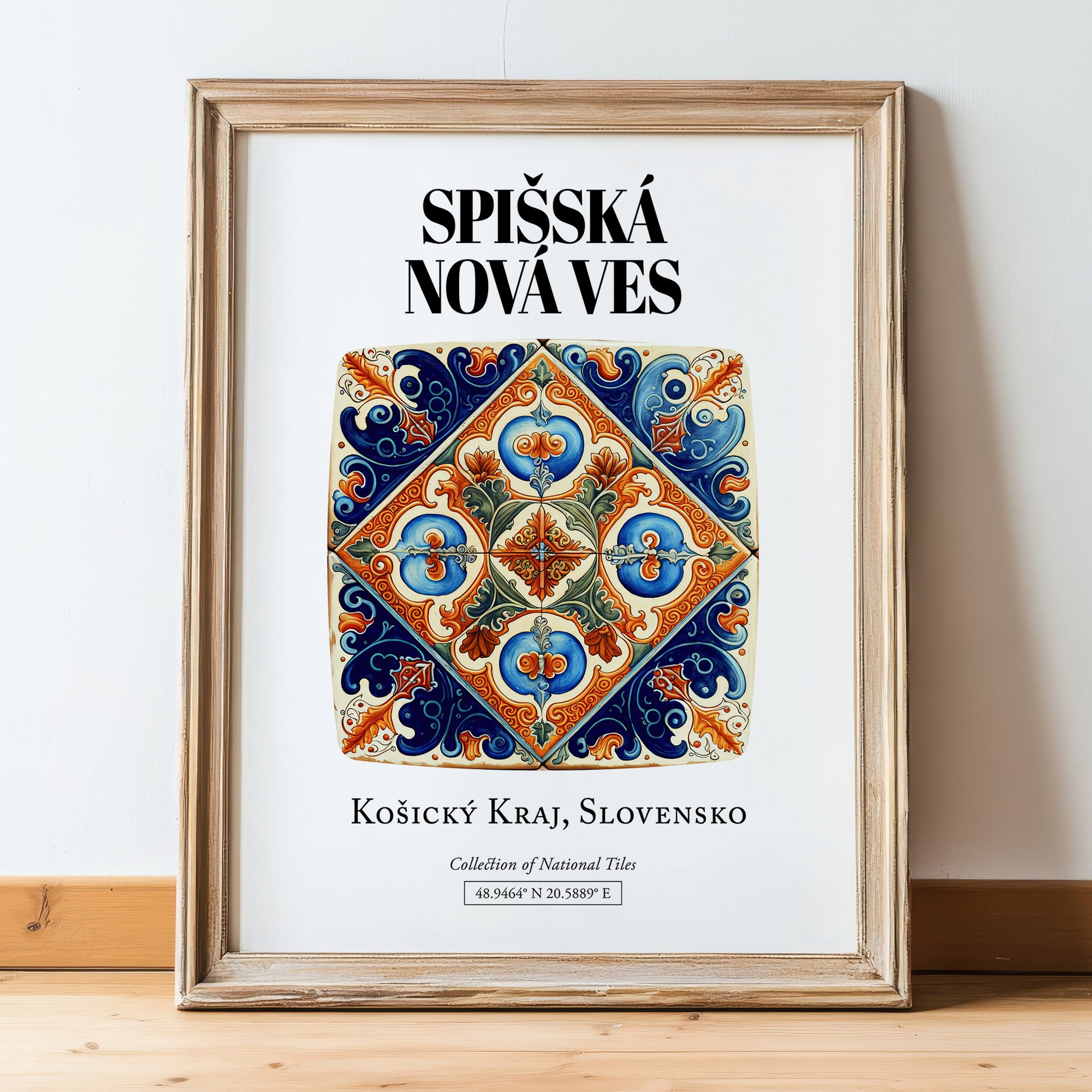 Spišská Nová Ves, Slovakia – Retro Travel Poster, in wooden frame leaning on the floor