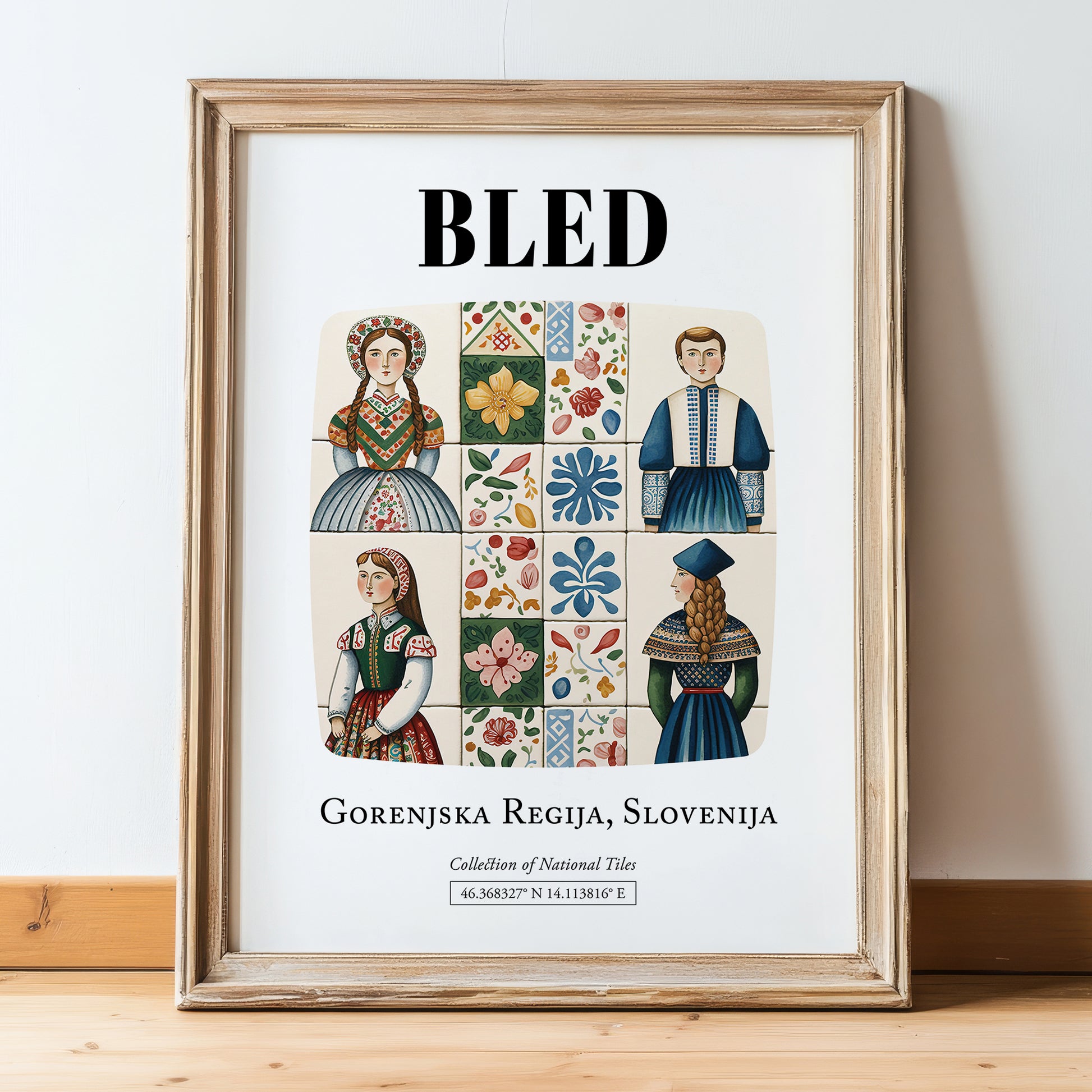 Bled, Slovenia – Minimalist Travel Print, in wooden frame leaning on the floor